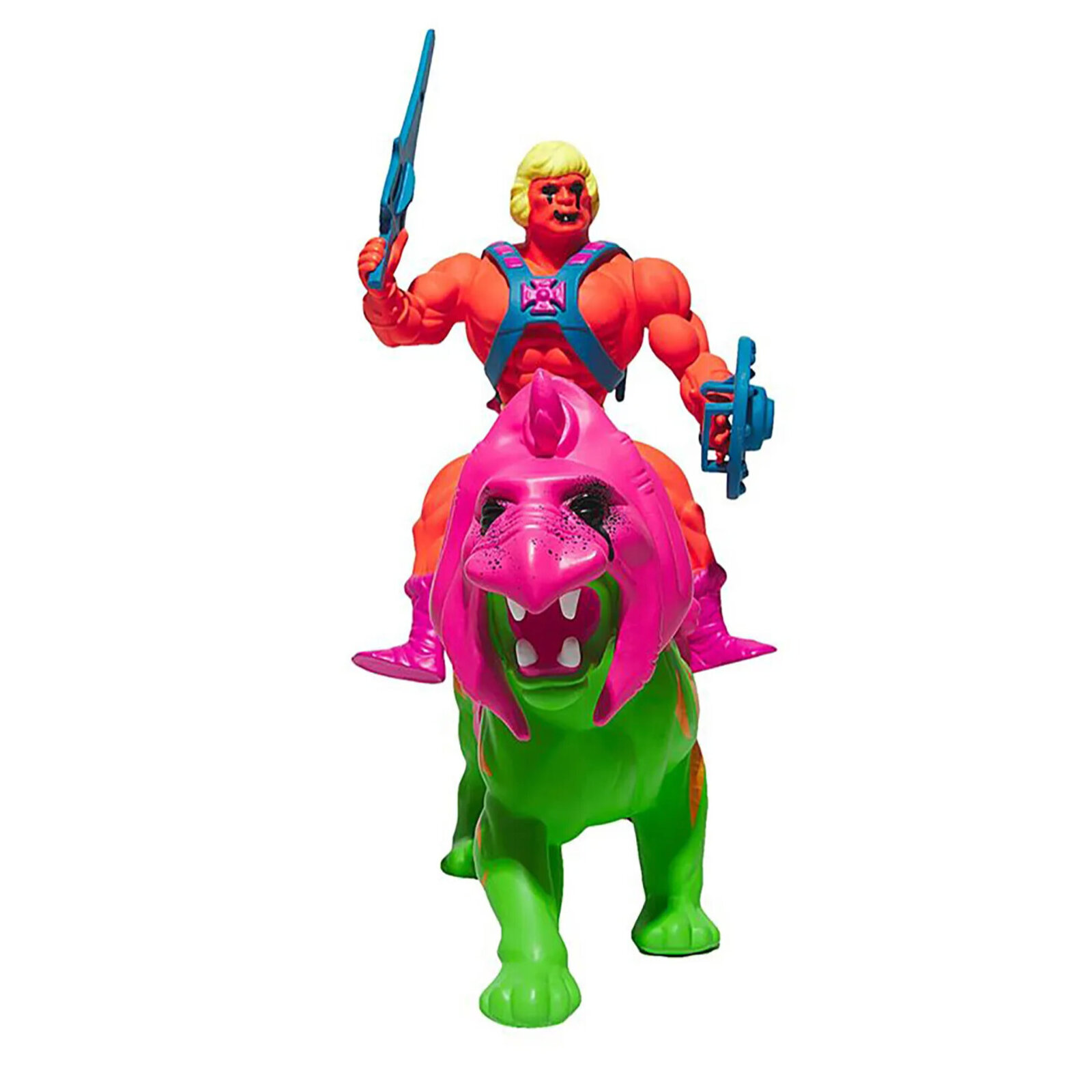 A vibrant toy figure of a muscular character riding a colorful, stylized dinosaur-like creature.
