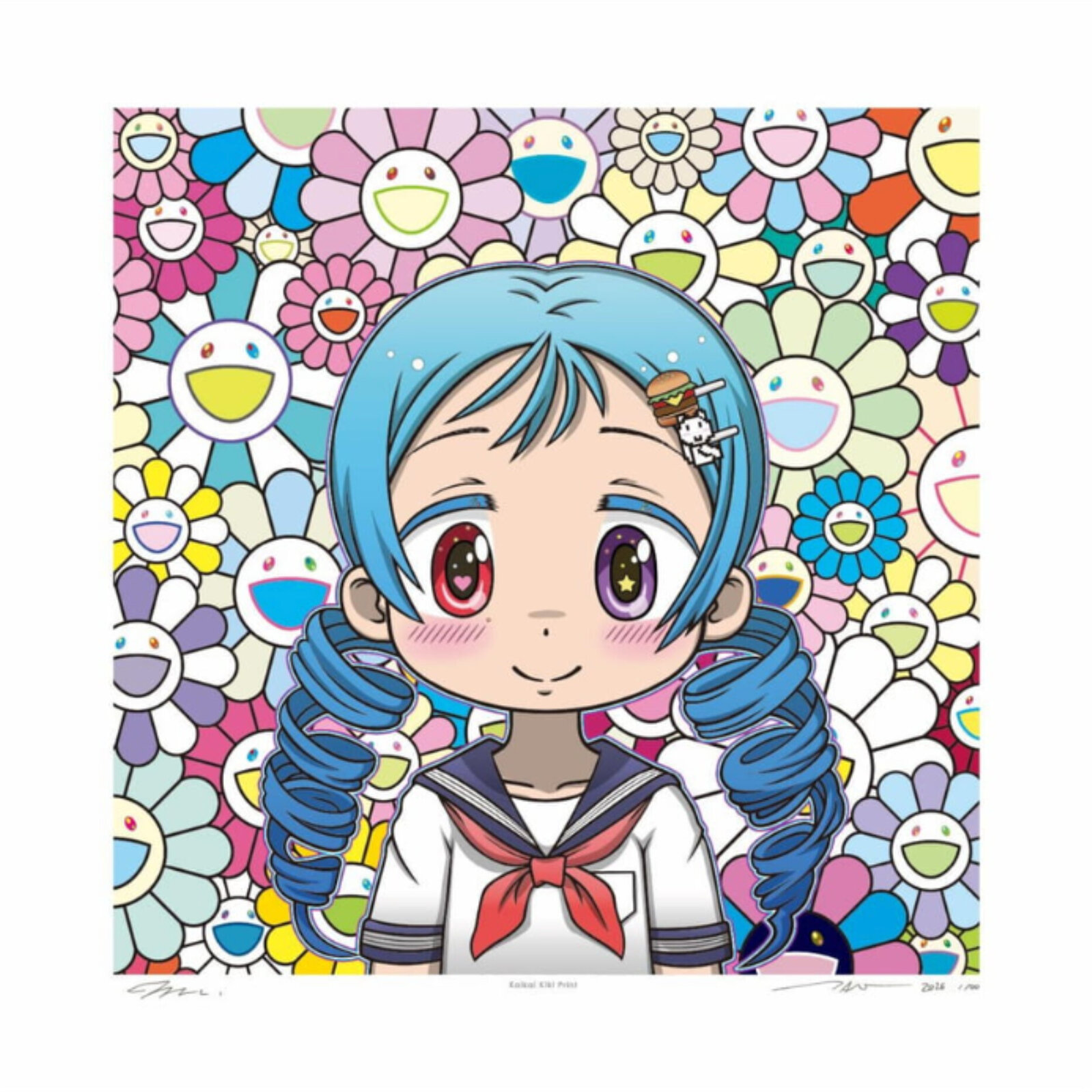 A cheerful anime-style figure with blue pigtails stands before a vibrant background of smiling flowers.