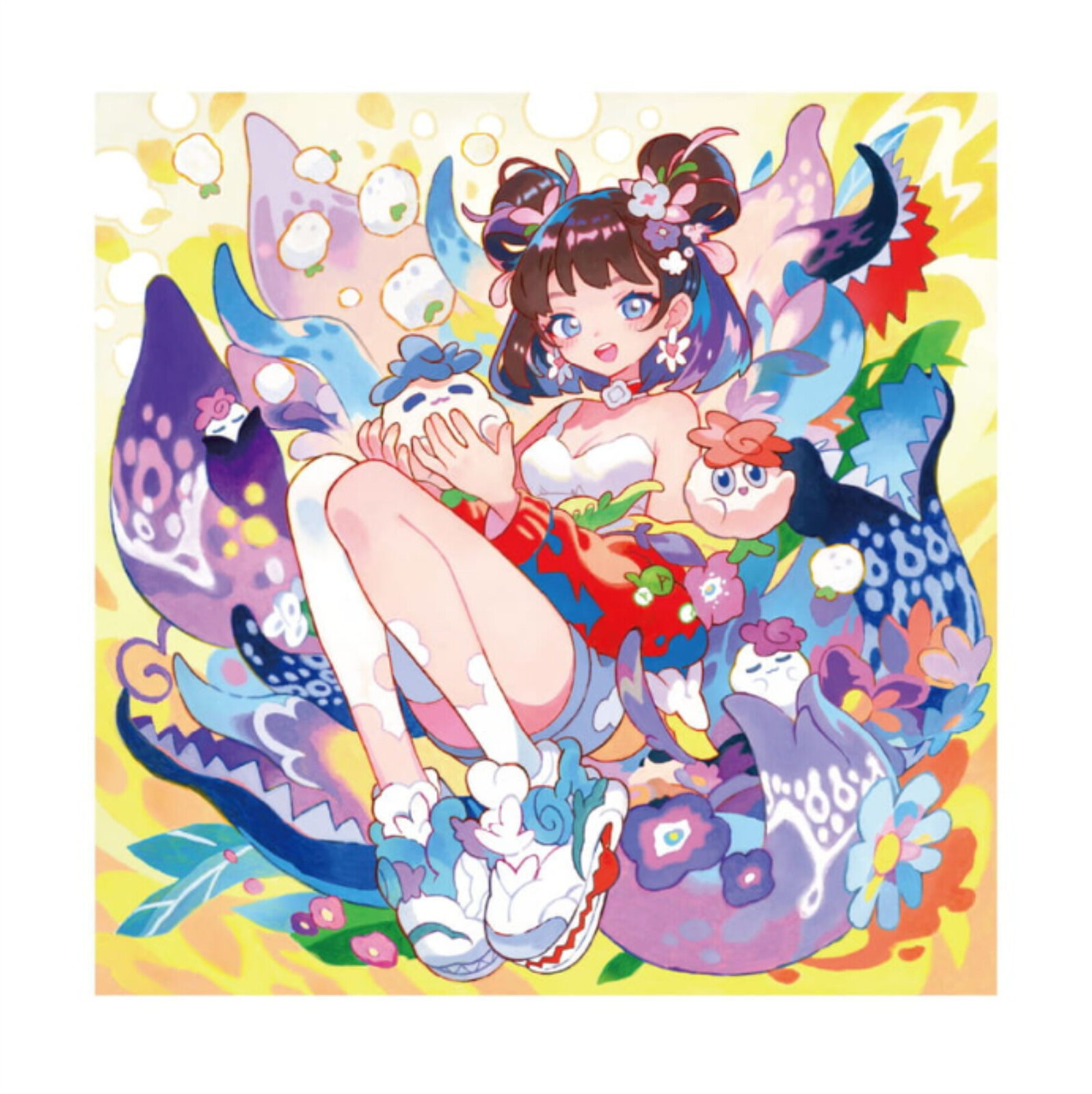 A colorful illustration of a seated figure surrounded by whimsical creatures and abstract shapes.