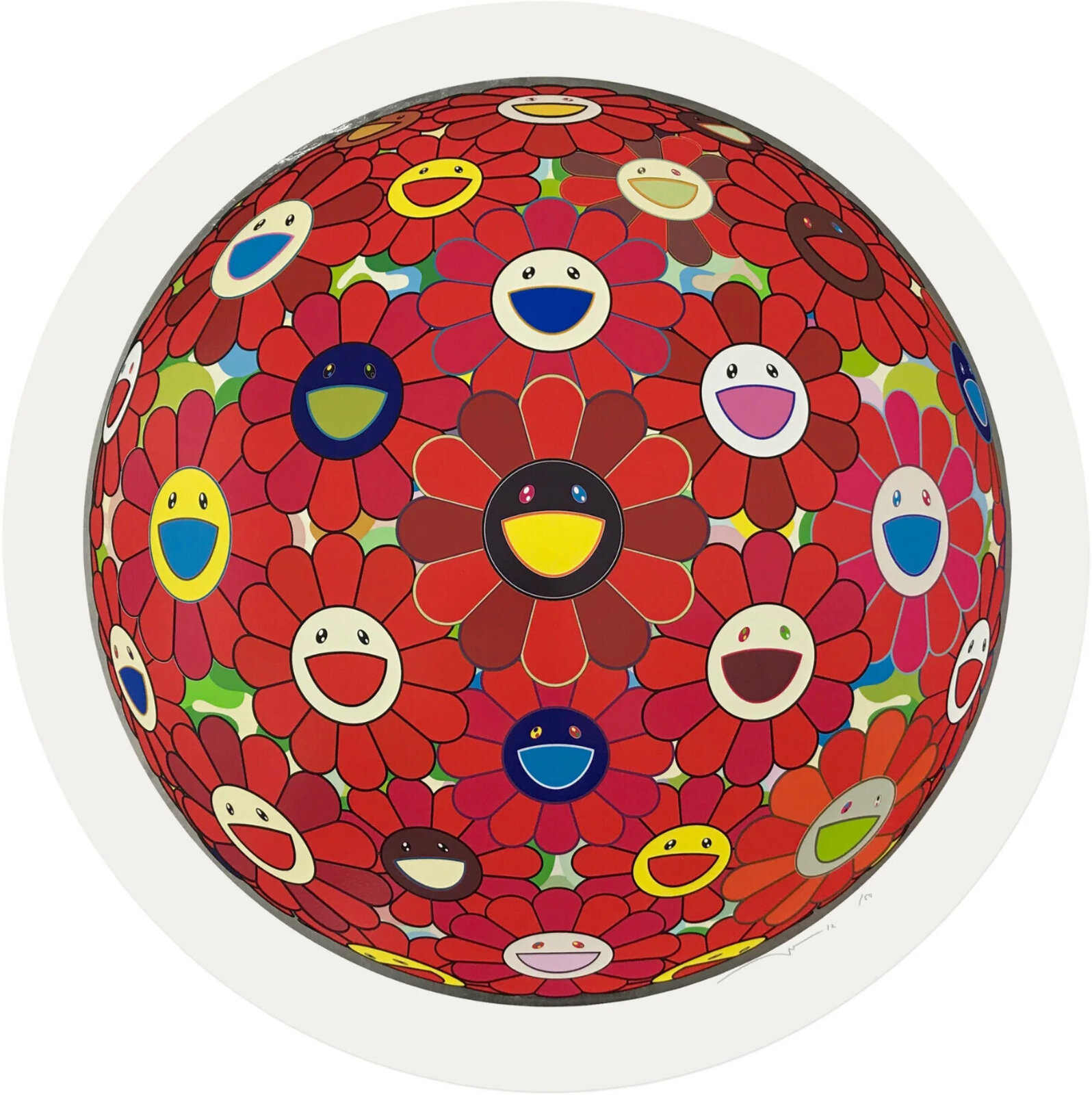A vibrant, circular composition filled with stylized flowers featuring expressive faces in a kaleidoscope of colors.