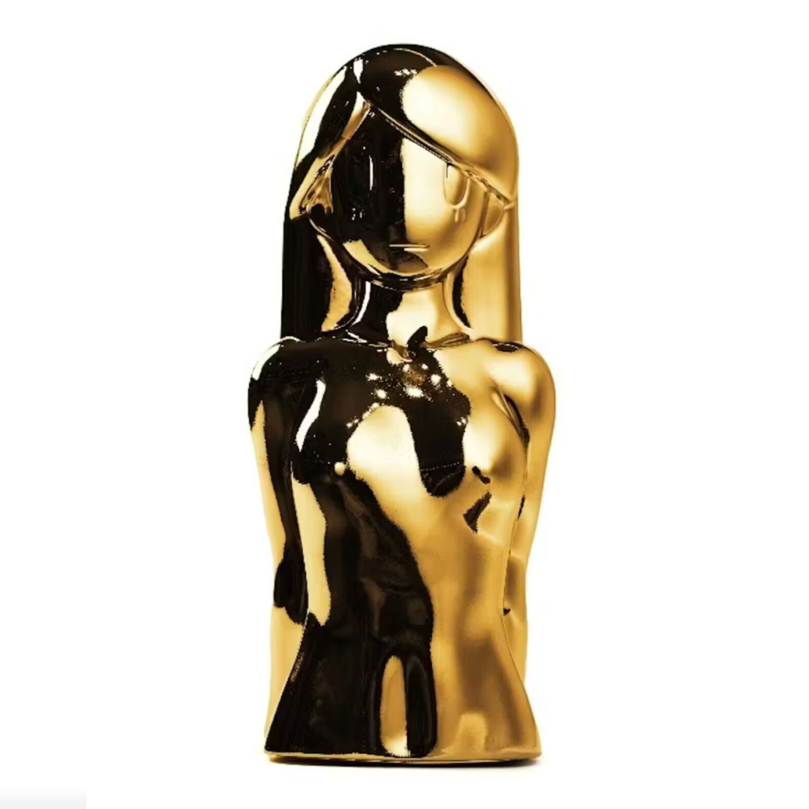 A glossy golden sculpture of a figure with long hair, set against a stark white background.