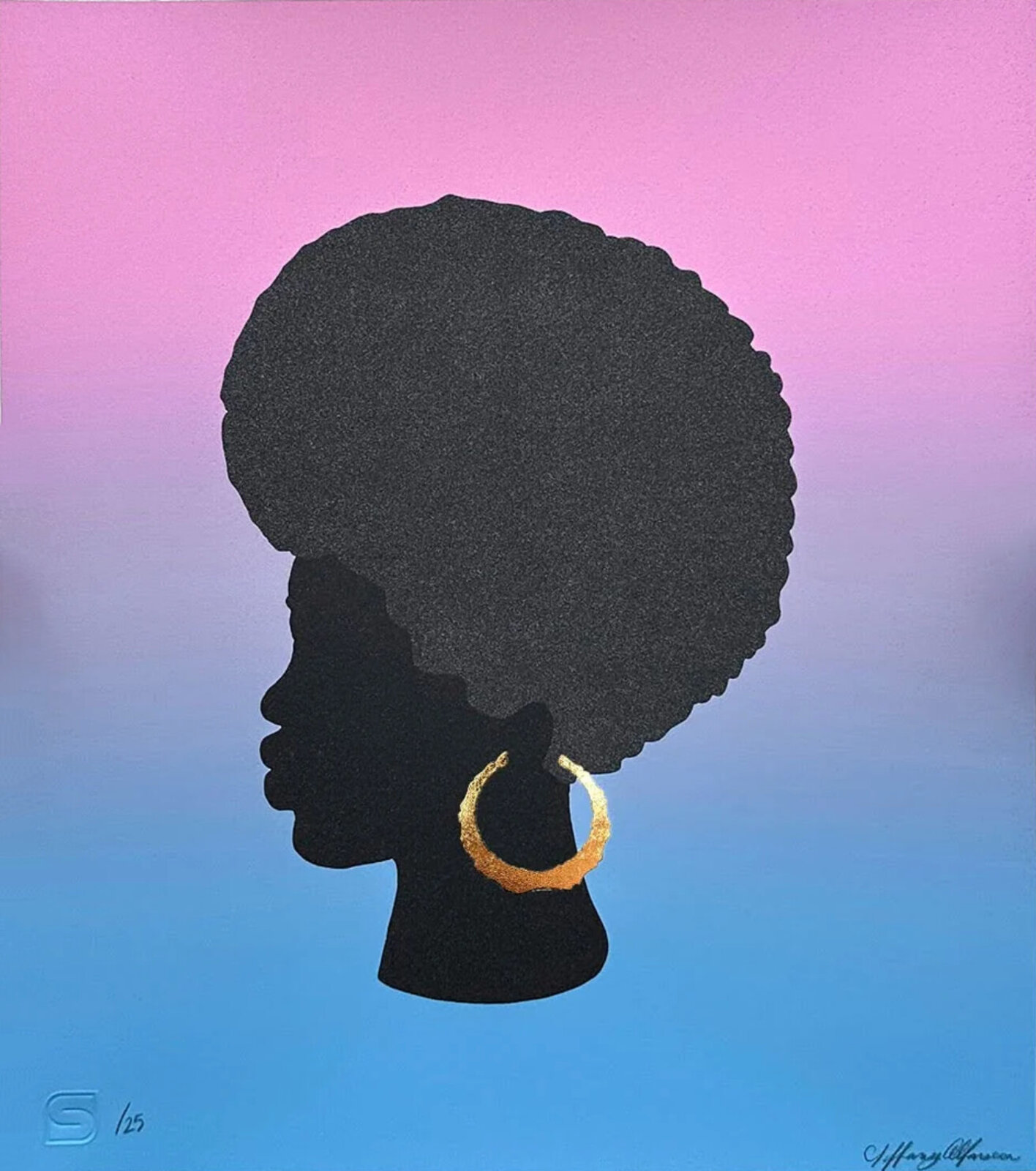 A striking silhouette portrait of a figure with an afro and gold hoop earring against a gradient background.