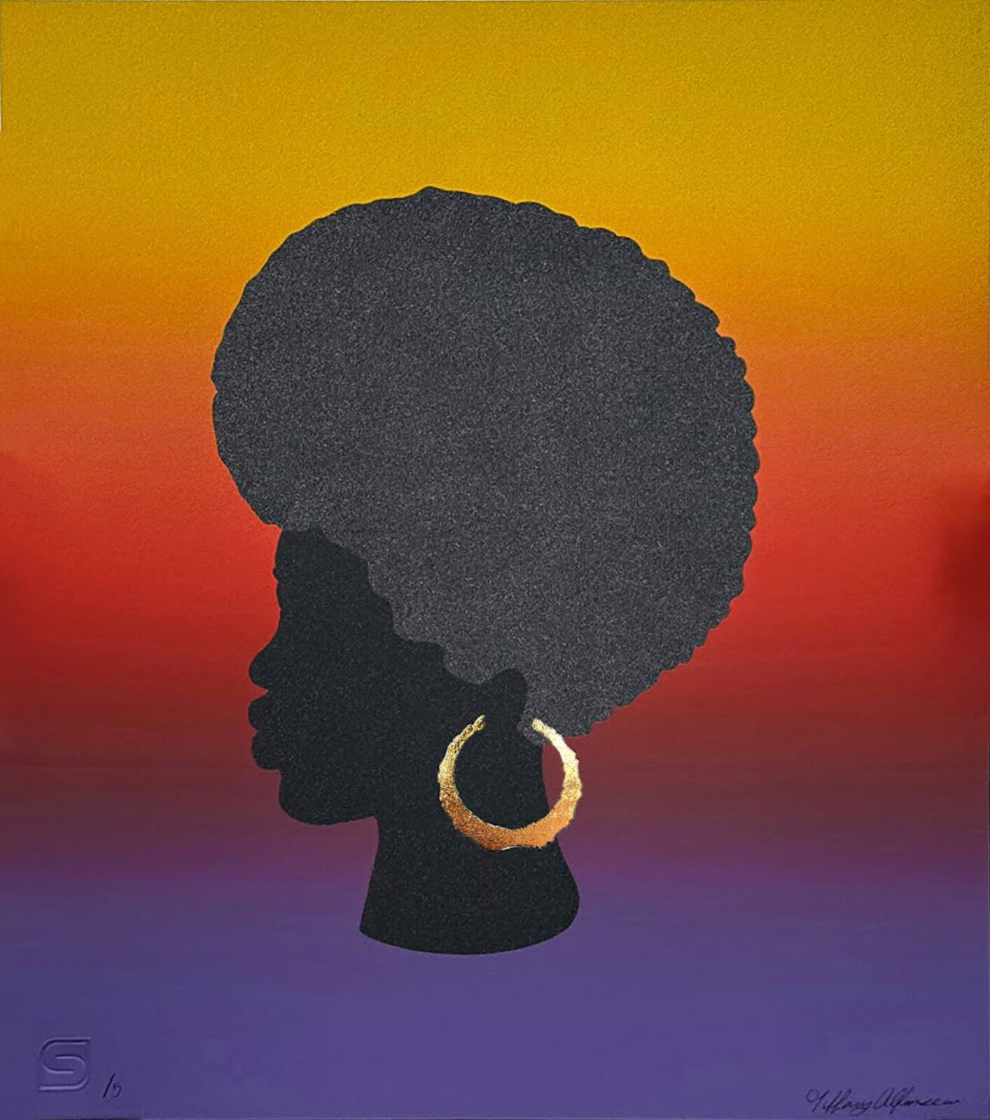 A striking silhouette portrait featuring a figure with an afro hairstyle and gold hoop earrings against a vibrant sunset gradient.