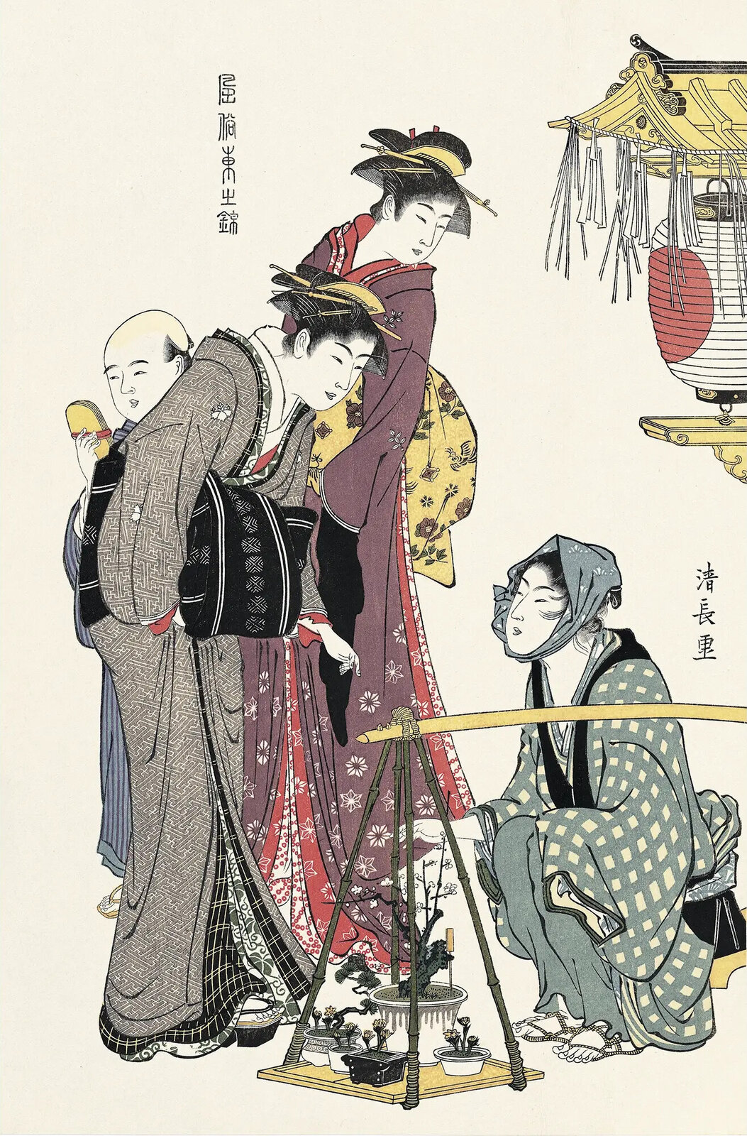 A traditional woodblock print depicting a group of figures in ceremonial robes observing a small bonsai display.