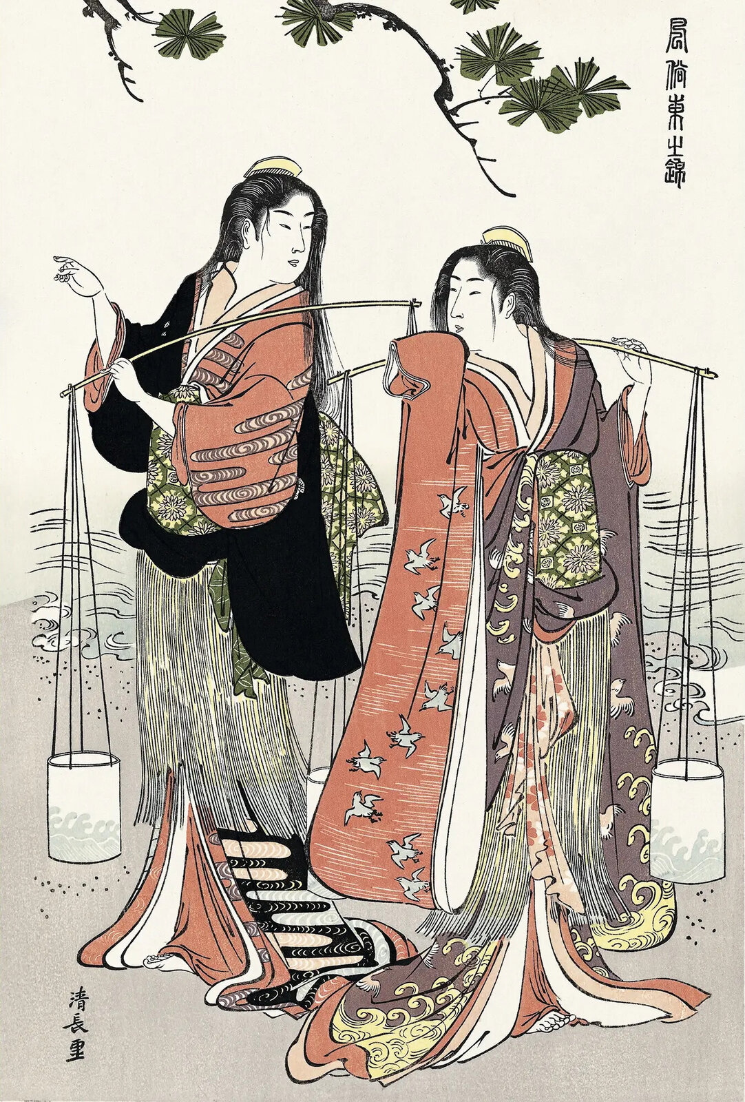 A traditional woodblock print featuring two figures in elaborate robes carrying a long pole with hanging containers.
