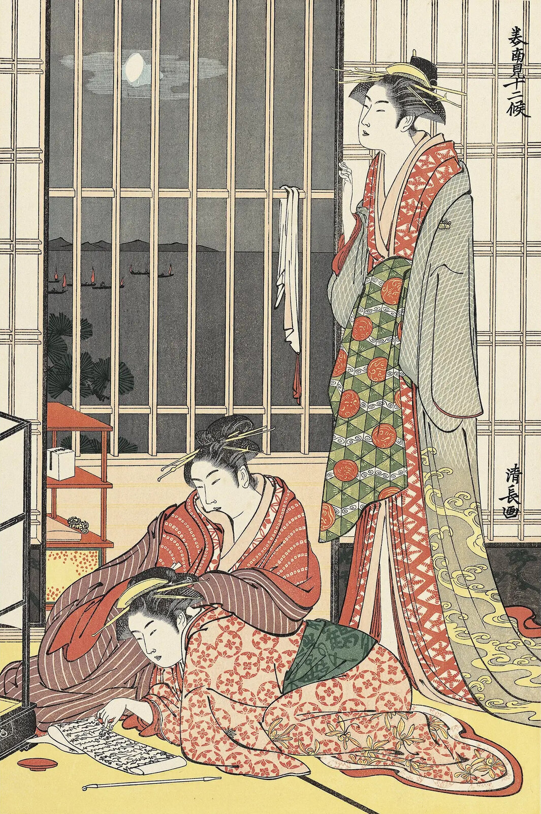 A traditional woodblock print depicting three figures in a Japanese interior at night.