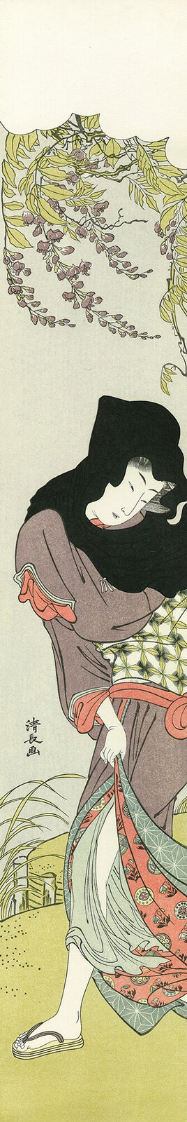 A vertical woodblock print of a figure in traditional robes walking beneath weeping willow branches.