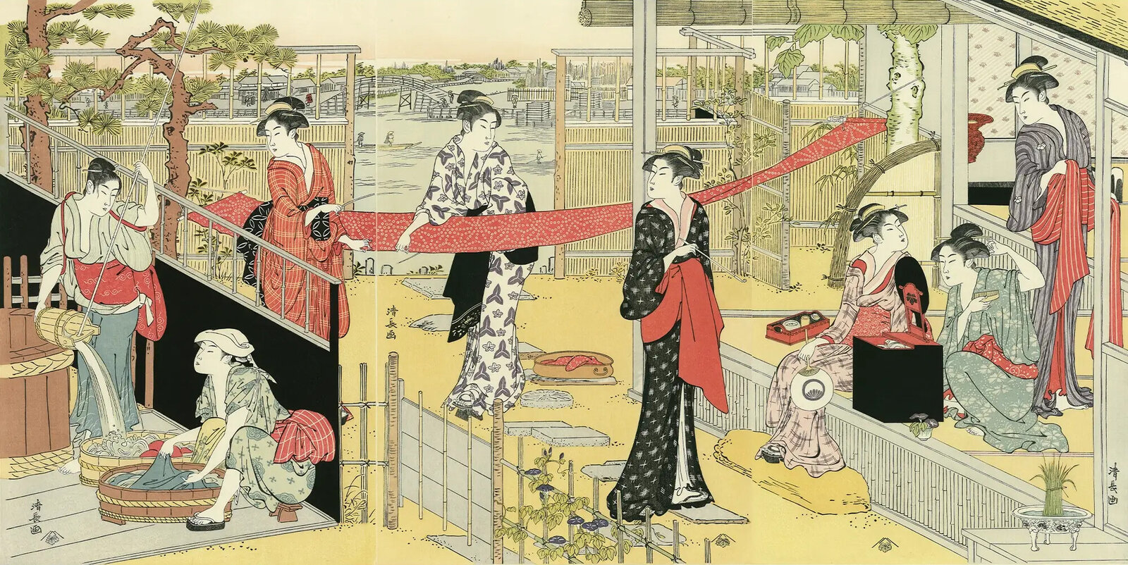 A vibrant woodblock print depicting a lively scene of women in traditional robes engaged in various activities within a Japanese-style setting.