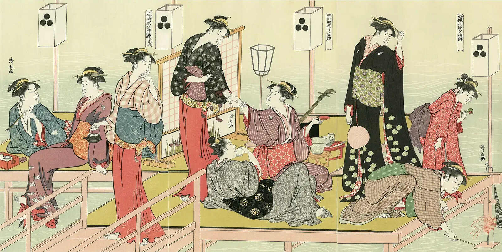 A vibrant woodblock print depicting a lively gathering of figures in traditional robes on a wooden platform.
