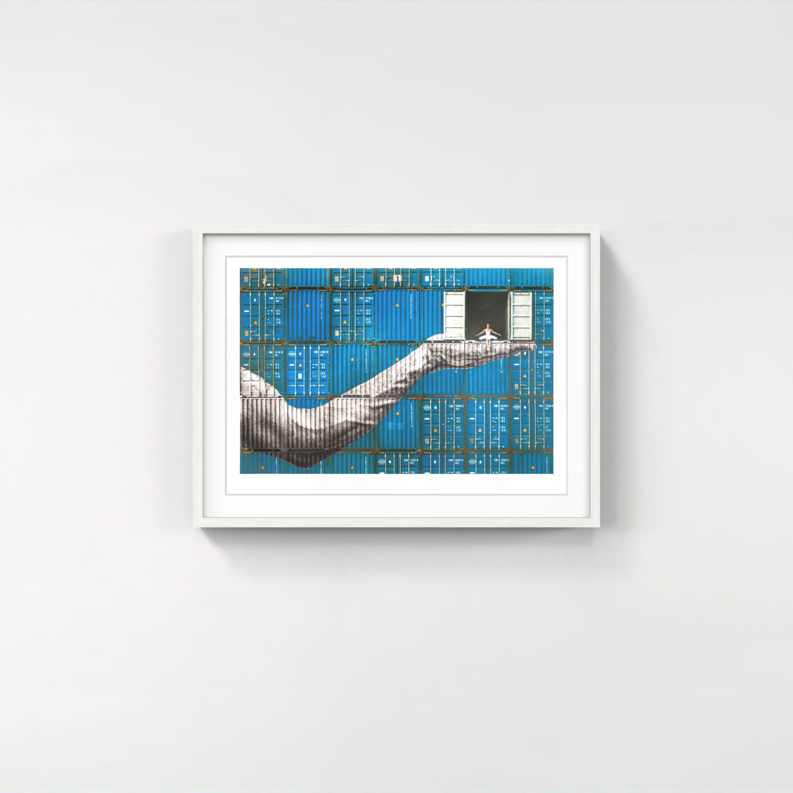 A surreal composition where a giant hand emerges from a grid of blue shipping containers to support a ballerina in an open container.