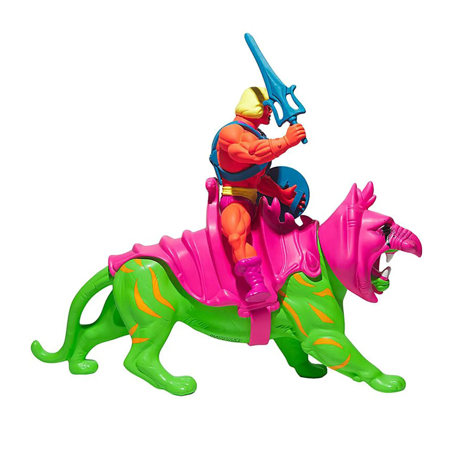 A vibrant toy figure of a muscular character riding a colorful, stylized dinosaur-like creature.