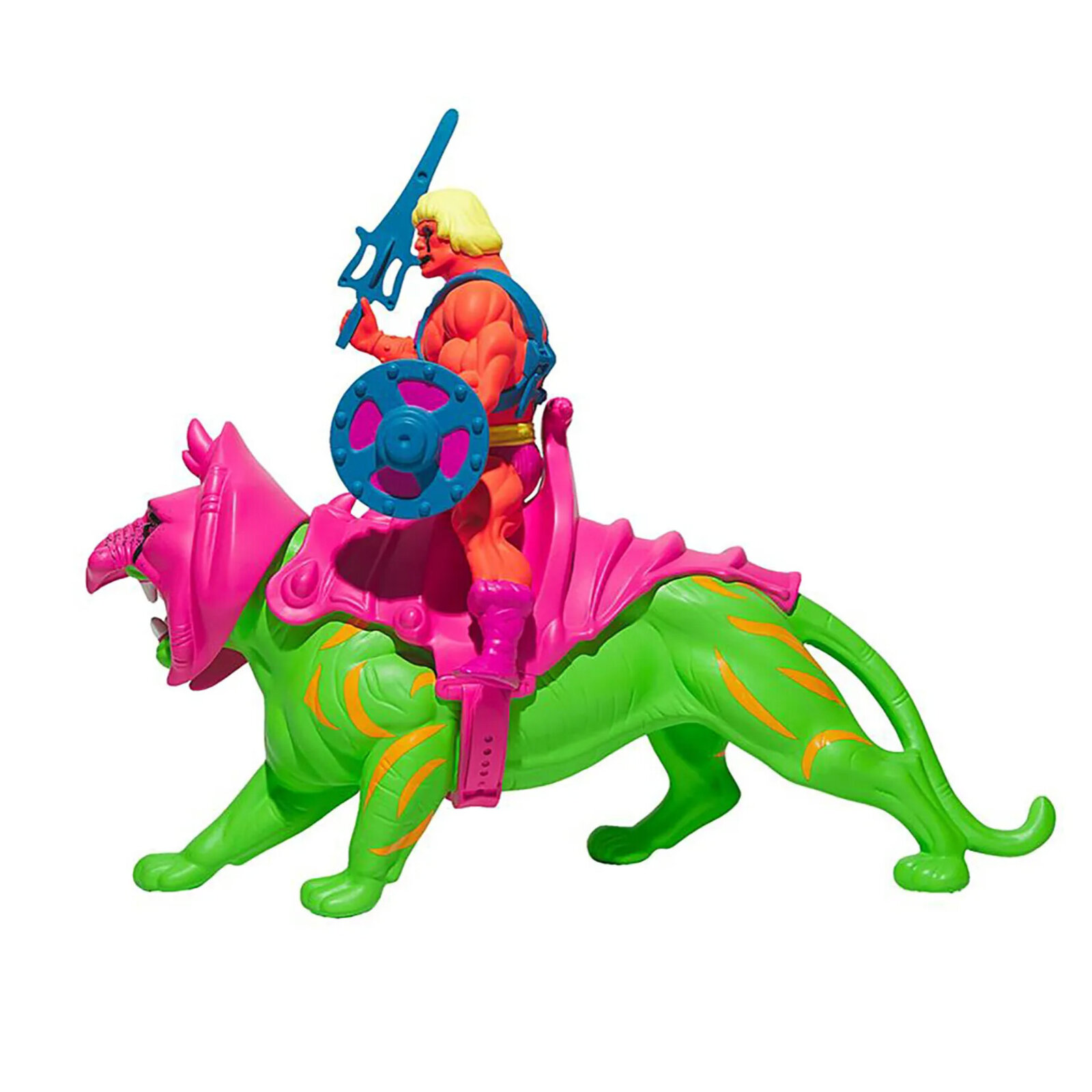 A vibrant toy figure of a muscular character riding a colorful, stylized dinosaur-like creature.