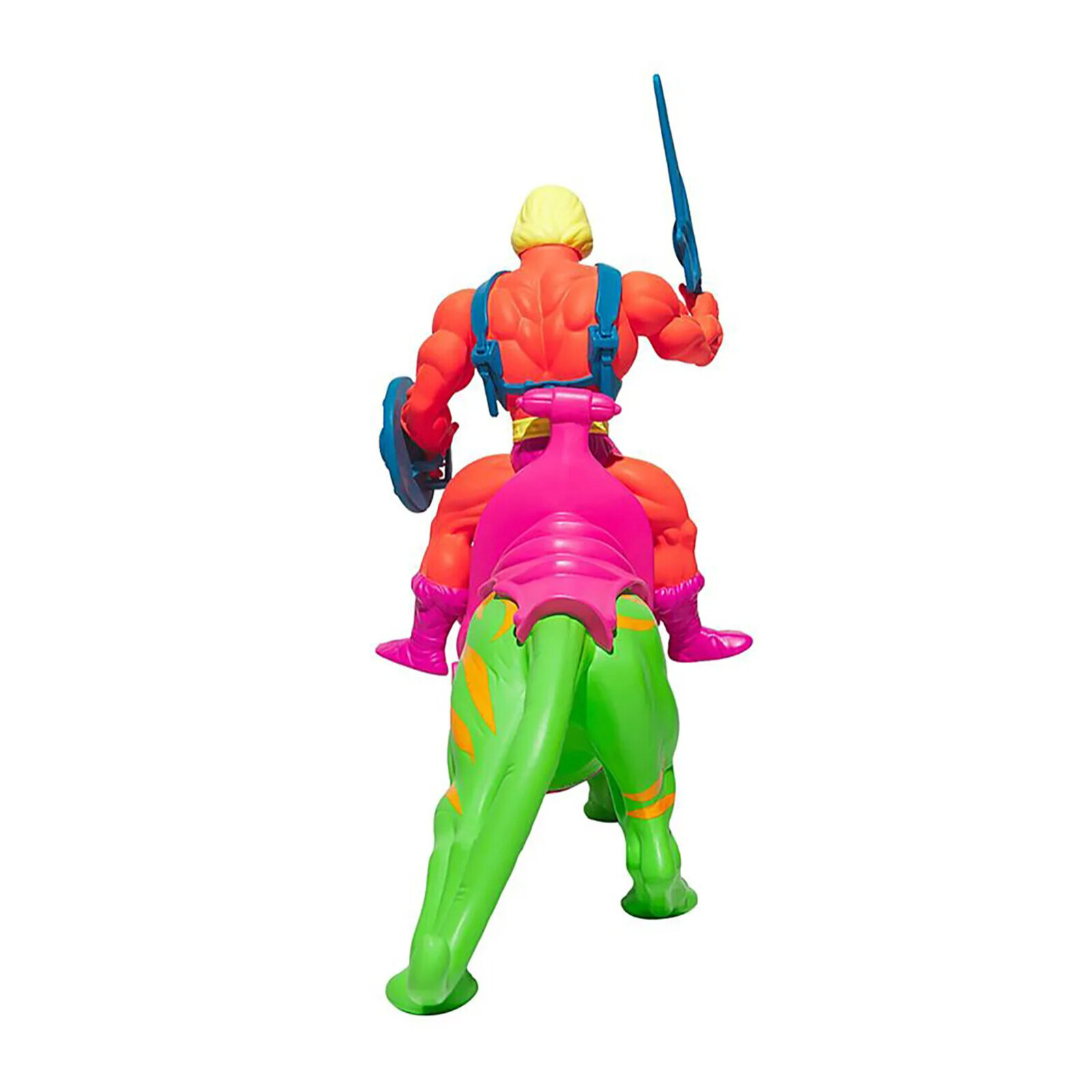 A vibrant toy figure of a muscular character riding a colorful, stylized dinosaur-like creature.
