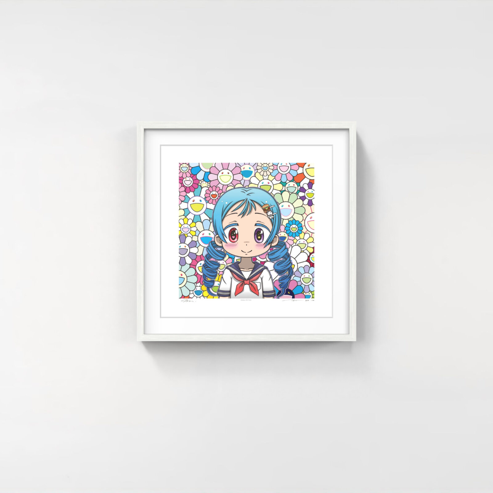 A cheerful anime-style figure with blue pigtails stands before a vibrant background of smiling flowers.