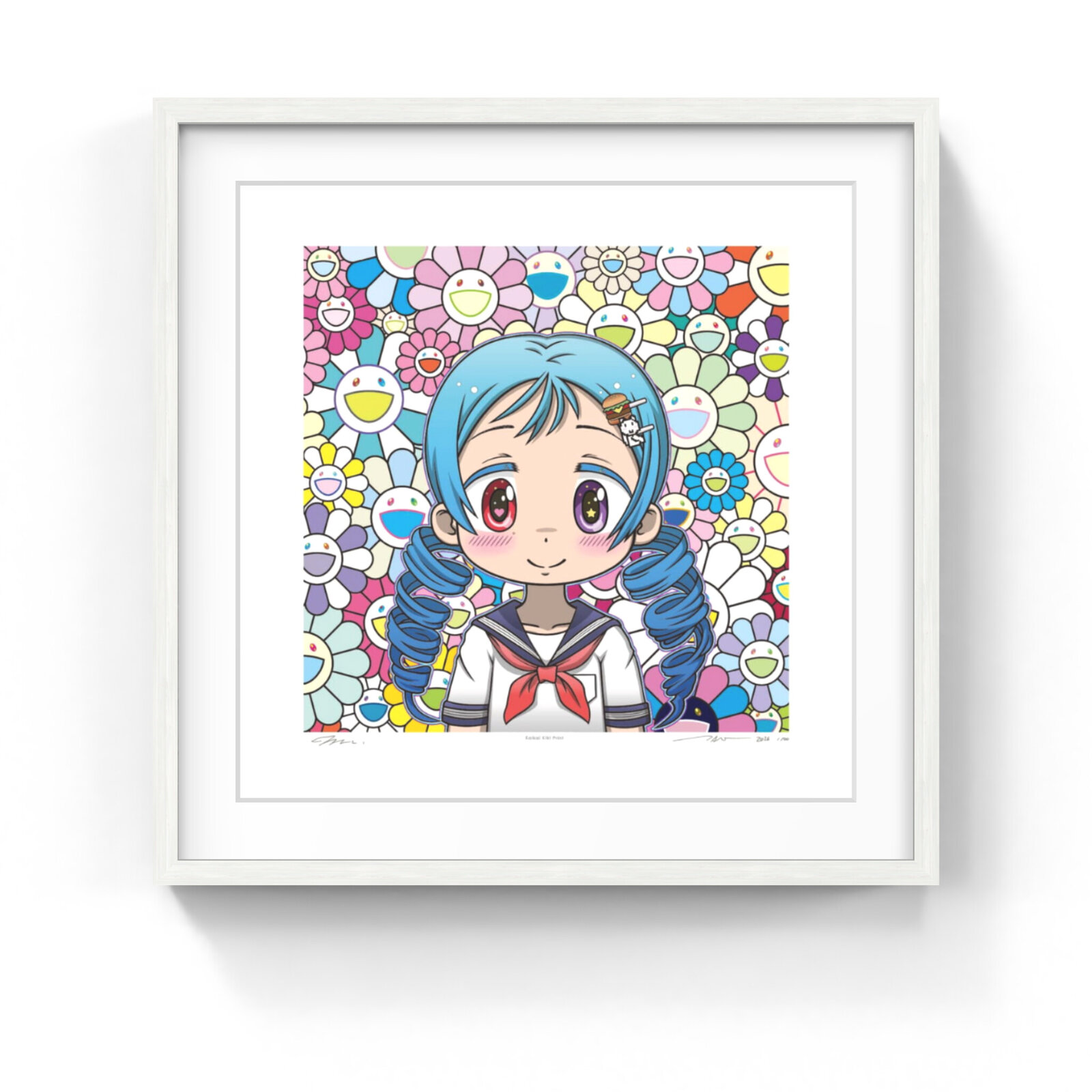 A cheerful anime-style figure with blue pigtails stands before a vibrant background of smiling flowers.