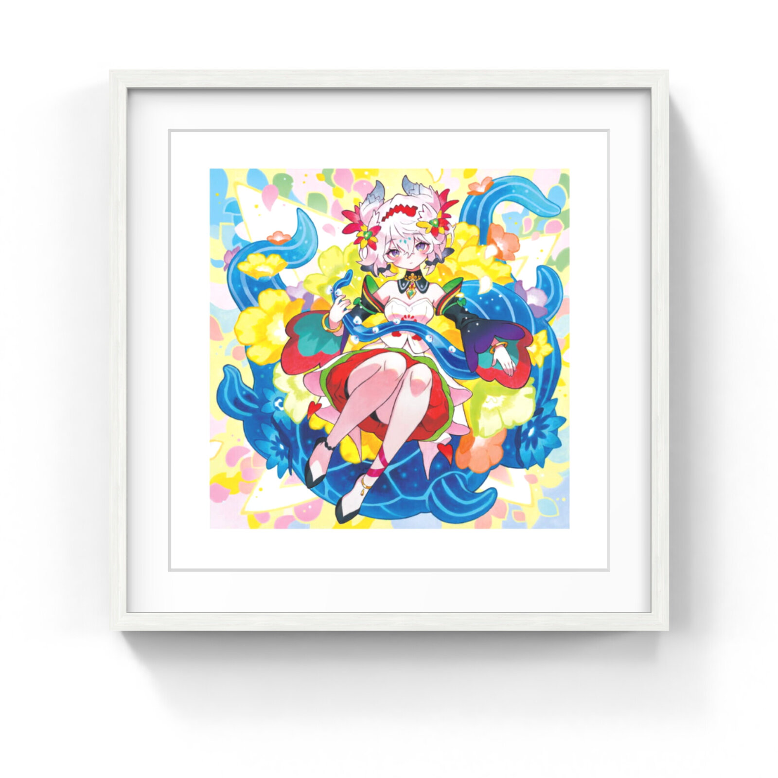 A whimsical anime-style figure sits gracefully on a large blue creature amidst a vibrant floral background.