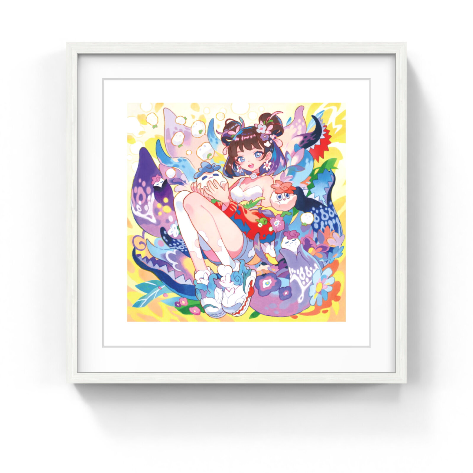 A colorful illustration of a seated figure surrounded by whimsical creatures and abstract shapes.