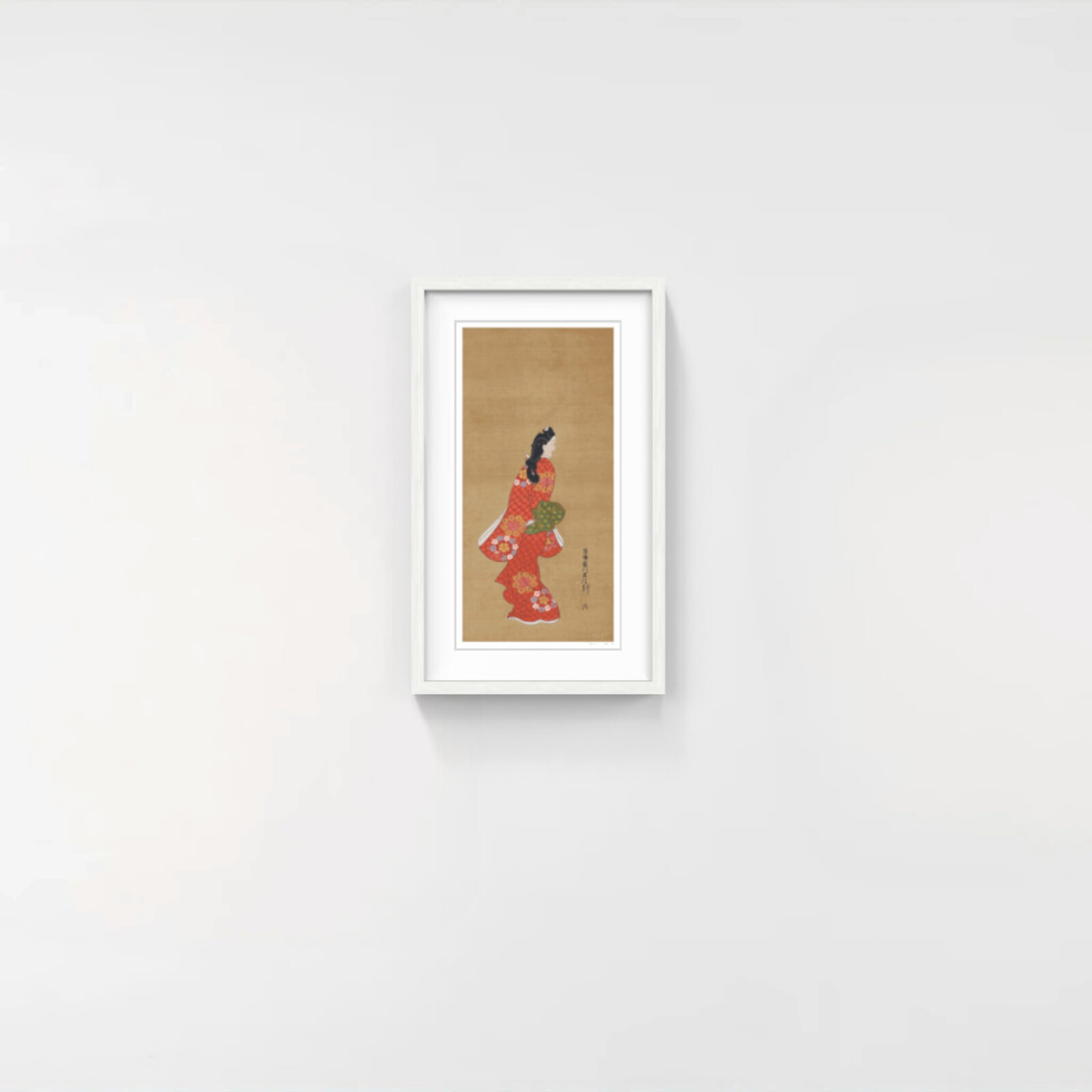 A profile portrait of a figure in a vibrant red patterned robe against a textured beige background.