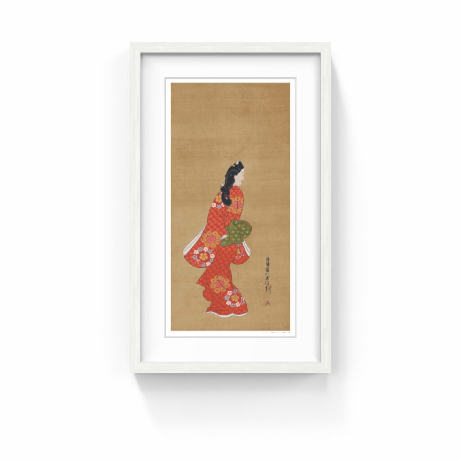 A profile portrait of a figure in a vibrant red patterned robe against a textured beige background.