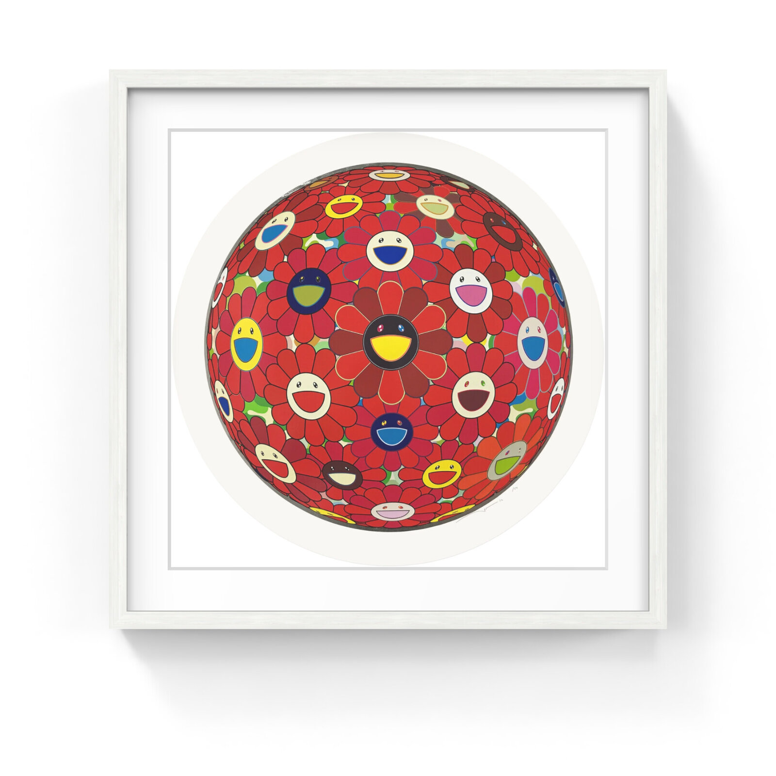 A vibrant, circular composition filled with stylized flowers featuring expressive faces in a kaleidoscope of colors.