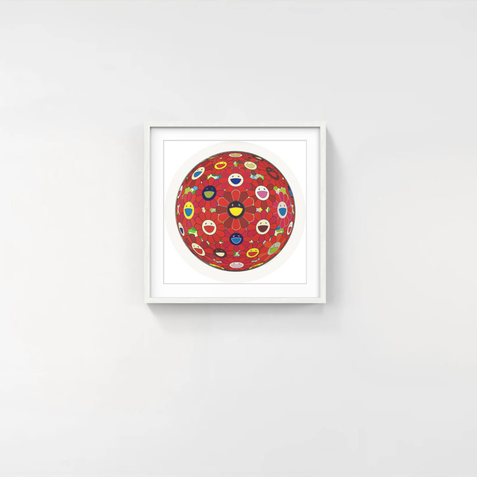 A vibrant, circular composition filled with stylized flowers featuring expressive faces in a kaleidoscope of colors.