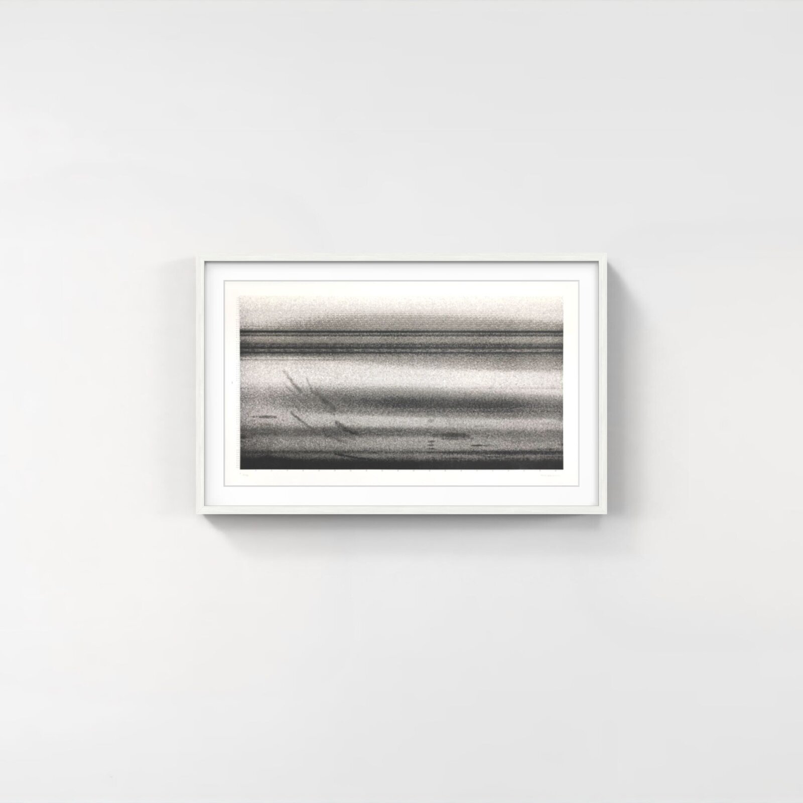 A monochromatic abstract composition featuring layered horizontal bands and grainy textures.