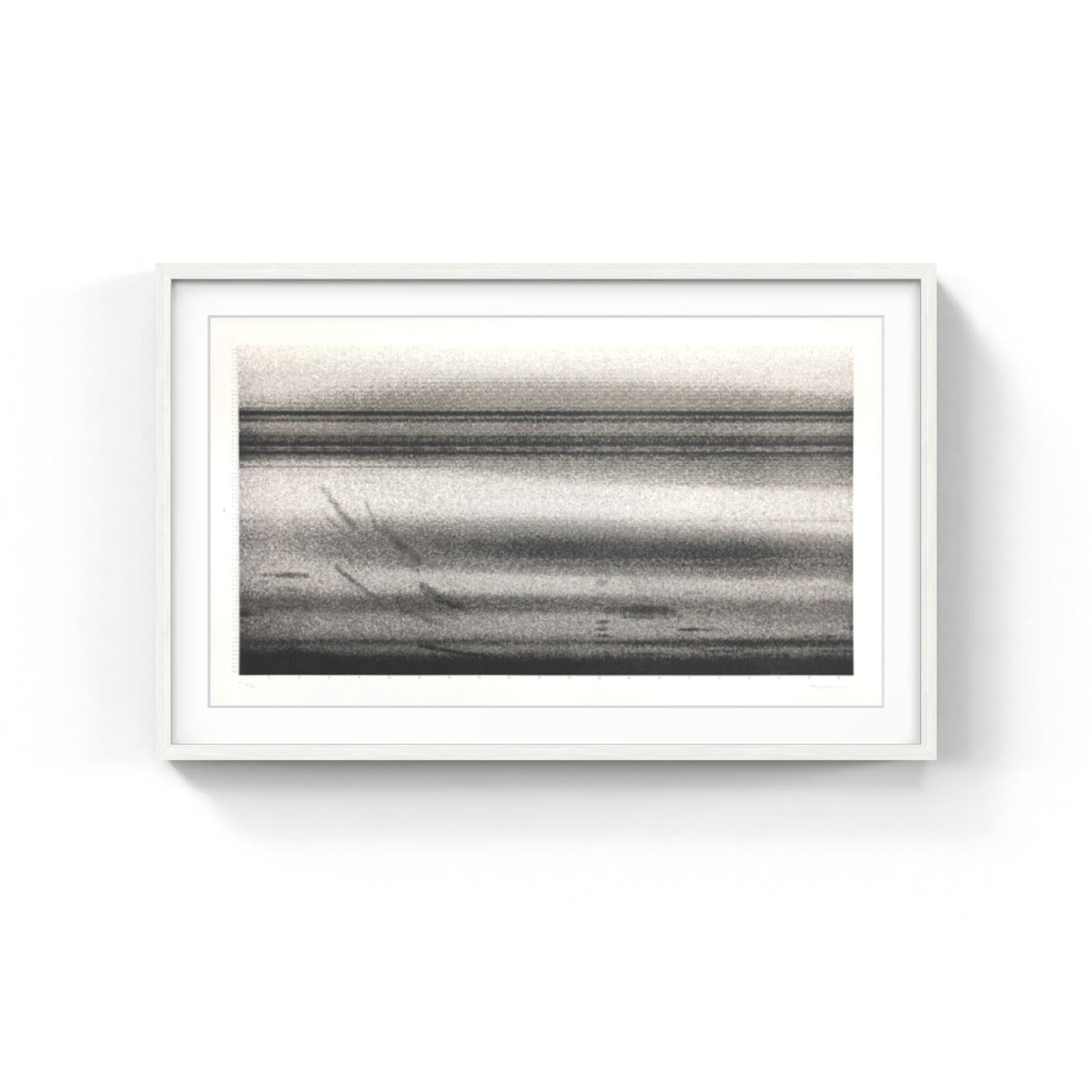 A monochromatic abstract composition featuring layered horizontal bands and grainy textures.