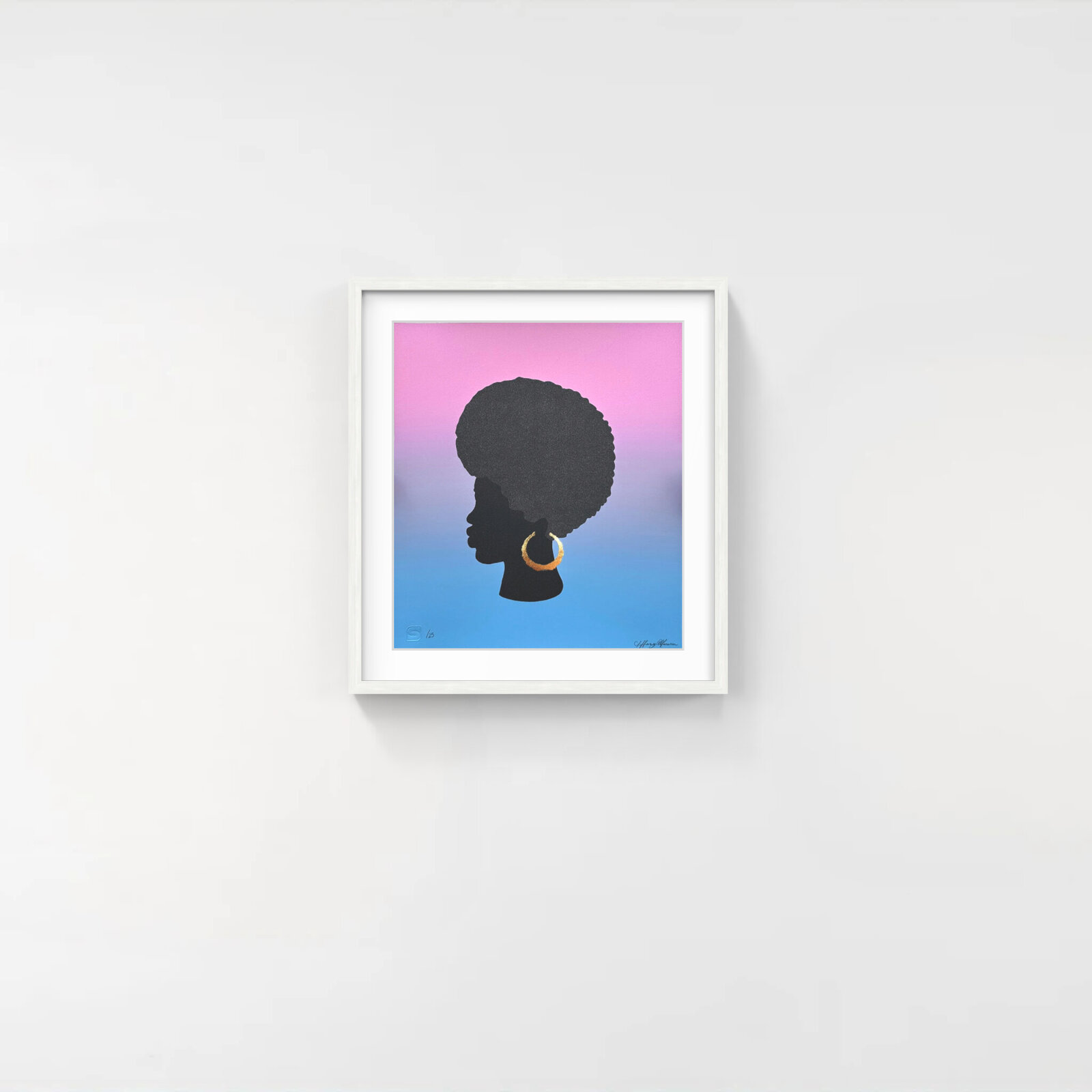A striking silhouette portrait of a figure with an afro and gold hoop earring against a gradient background.