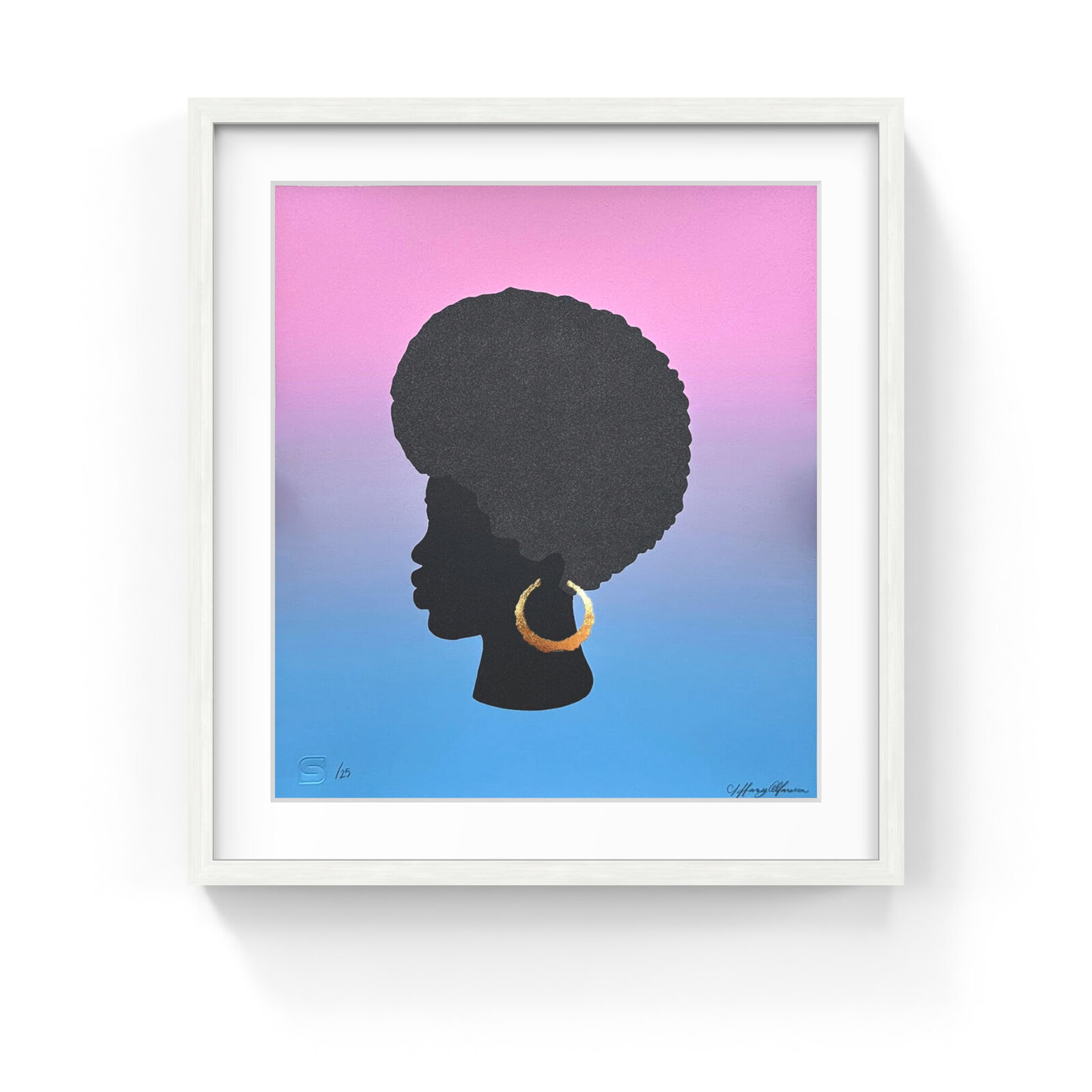 A striking silhouette portrait of a figure with an afro and gold hoop earring against a gradient background.