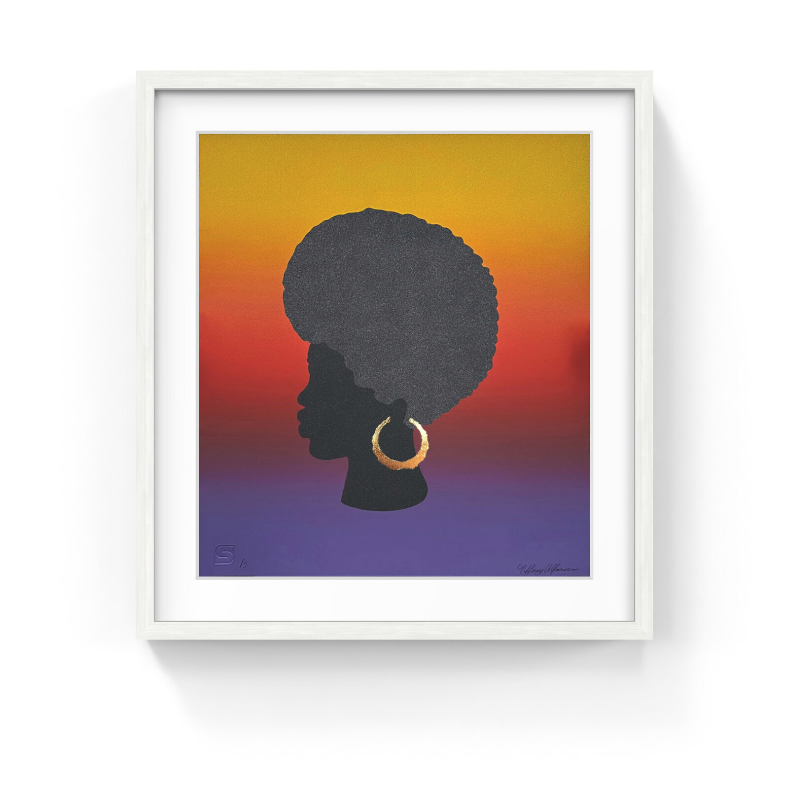 A striking silhouette portrait featuring a figure with an afro hairstyle and gold hoop earrings against a vibrant sunset gradient.