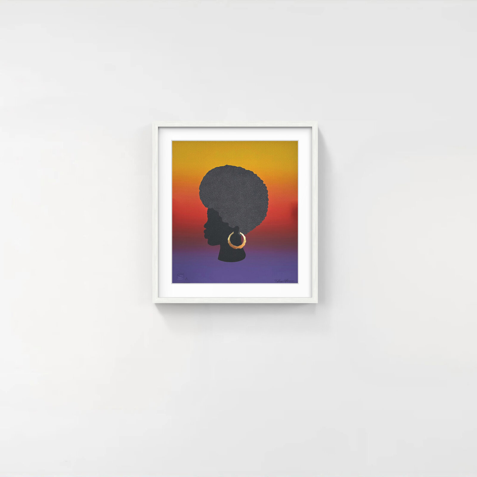 A striking silhouette portrait featuring a figure with an afro hairstyle and gold hoop earrings against a vibrant sunset gradient.