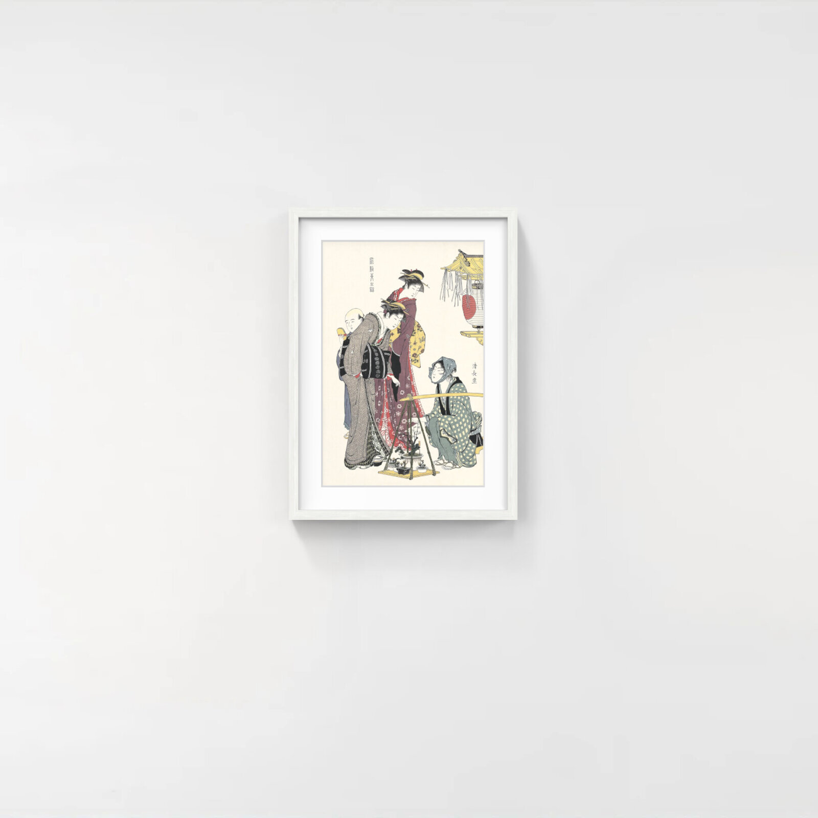 A traditional woodblock print depicting a group of figures in ceremonial robes observing a small bonsai display.