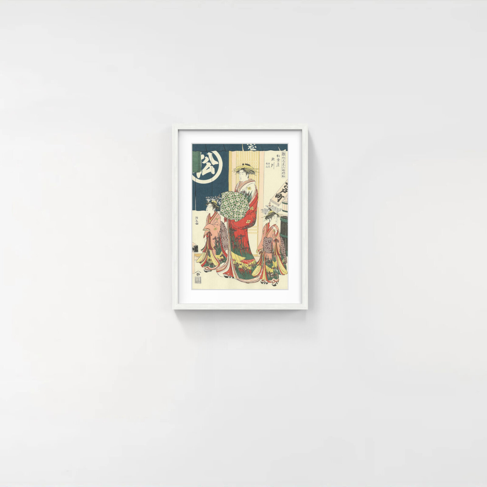 A vibrant woodblock print depicting three figures in traditional robes walking through a street scene.