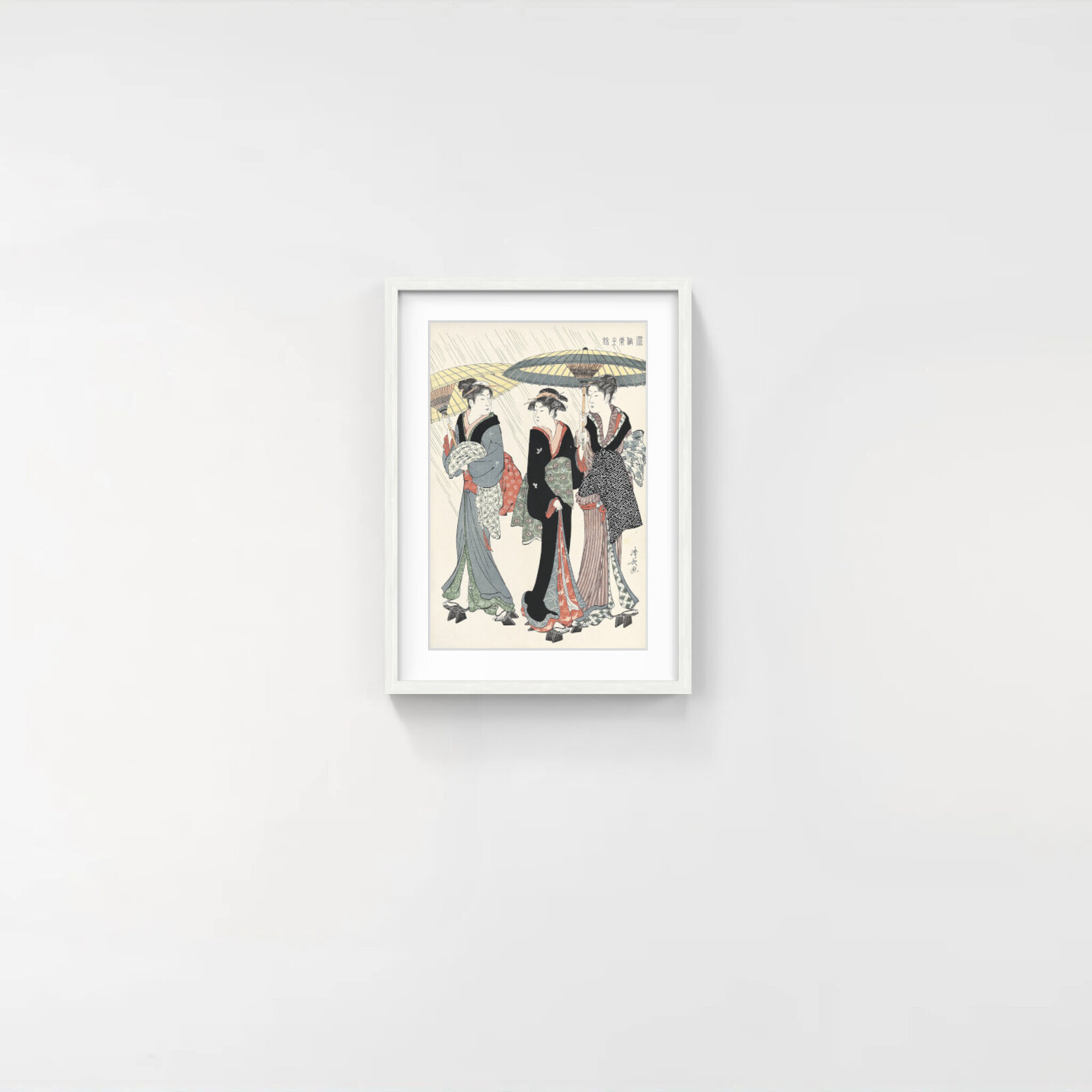 A woodblock print of three figures in traditional robes walking under umbrellas in the rain.