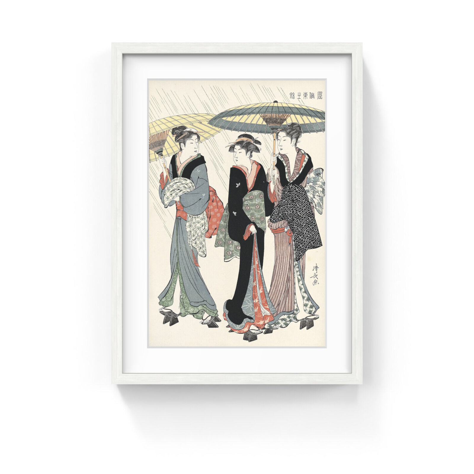 A woodblock print of three figures in traditional robes walking under umbrellas in the rain.