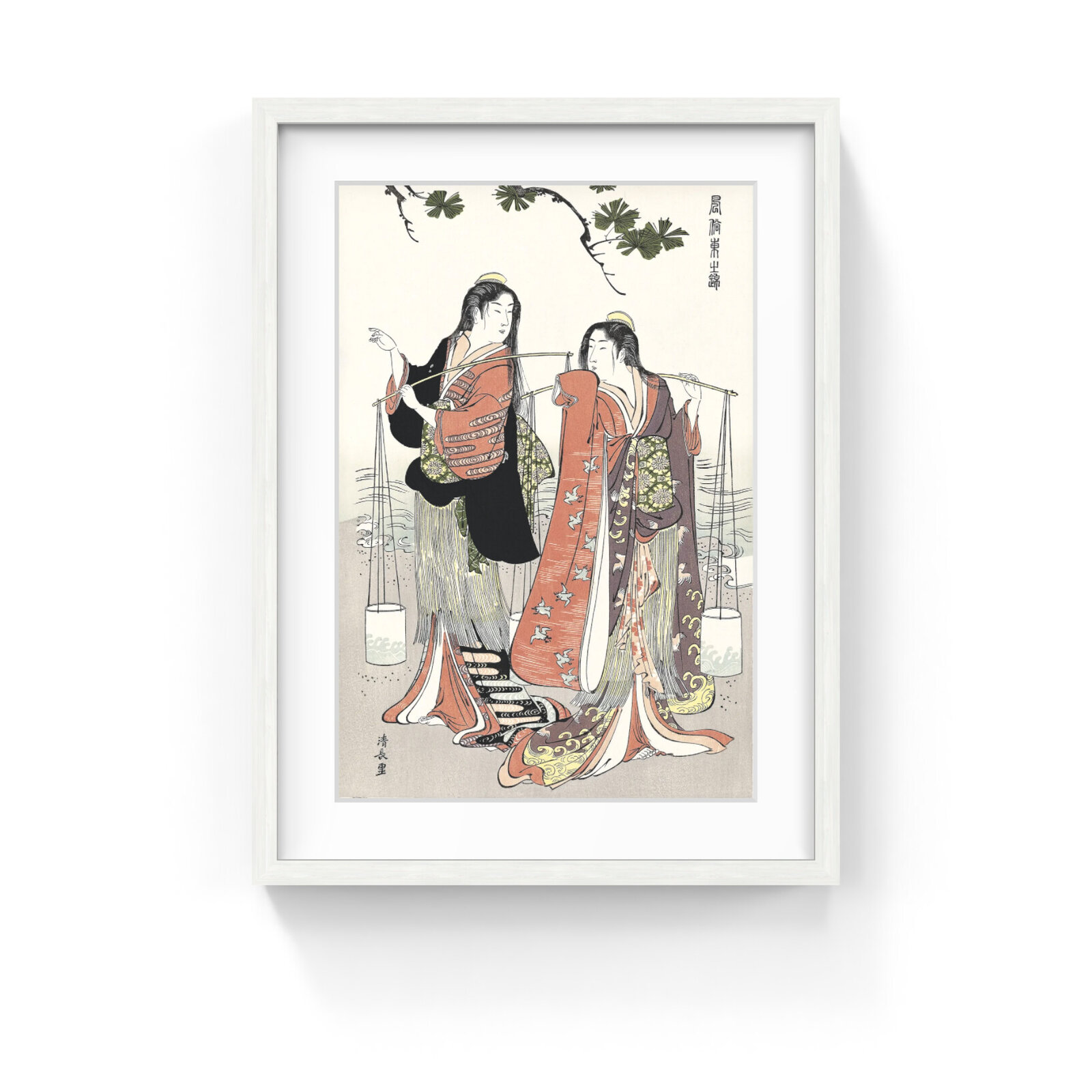 A traditional woodblock print featuring two figures in elaborate robes carrying a long pole with hanging containers.
