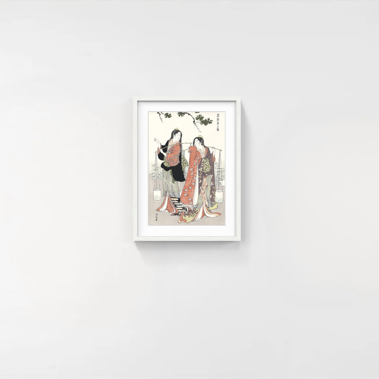 A traditional woodblock print featuring two figures in elaborate robes carrying a long pole with hanging containers.