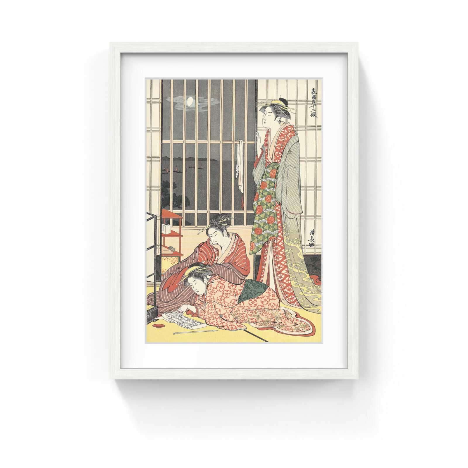 A traditional woodblock print depicting three figures in a Japanese interior at night.