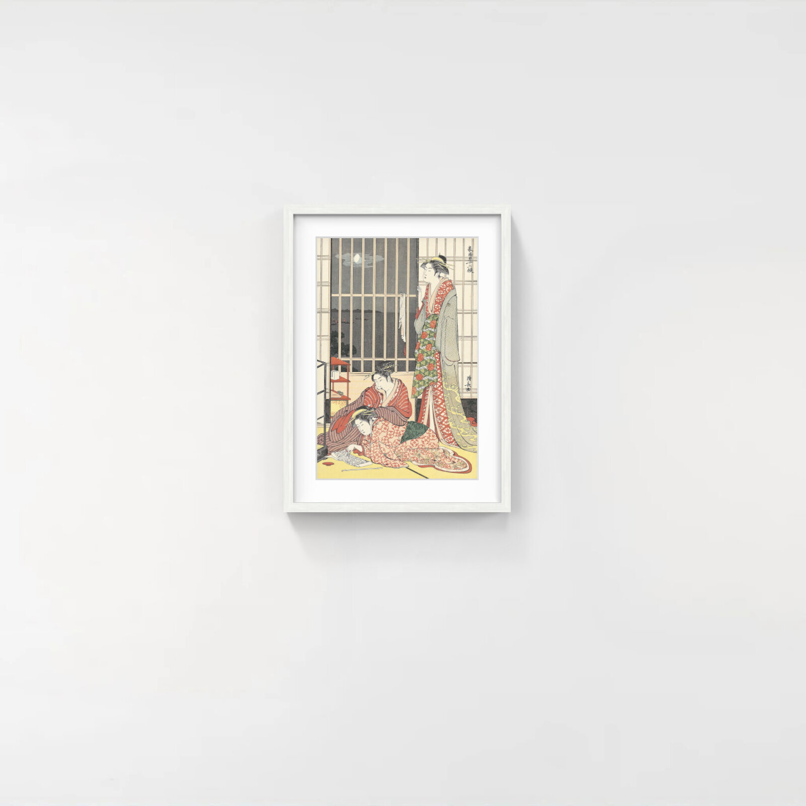 A traditional woodblock print depicting three figures in a Japanese interior at night.