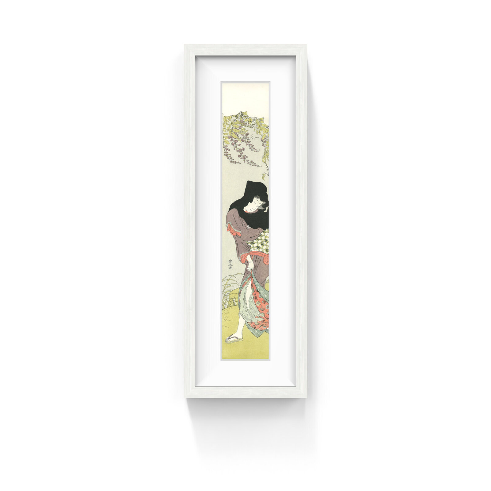 A vertical woodblock print of a figure in traditional robes walking beneath weeping willow branches.