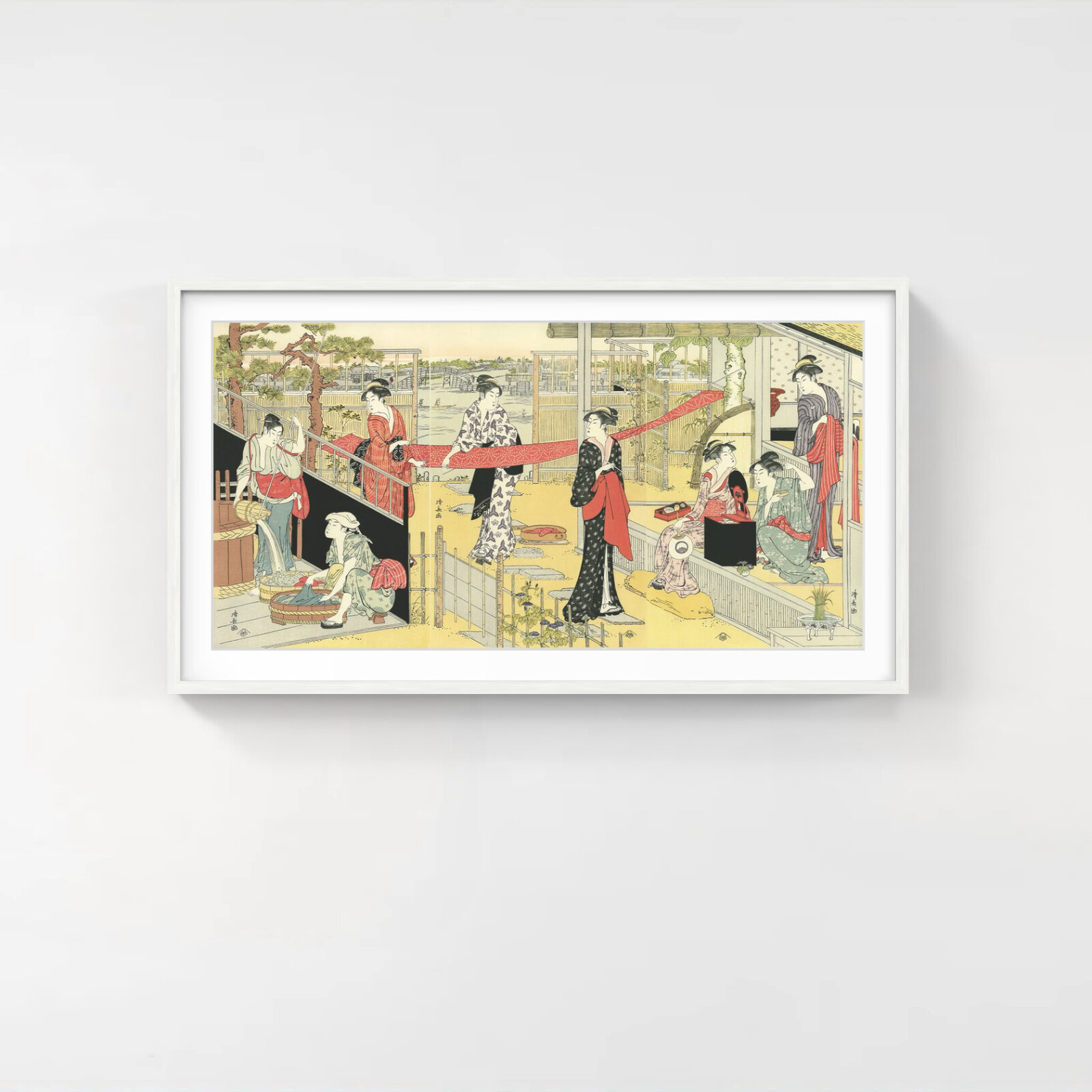 A vibrant woodblock print depicting a lively scene of women in traditional robes engaged in various activities within a Japanese-style setting.