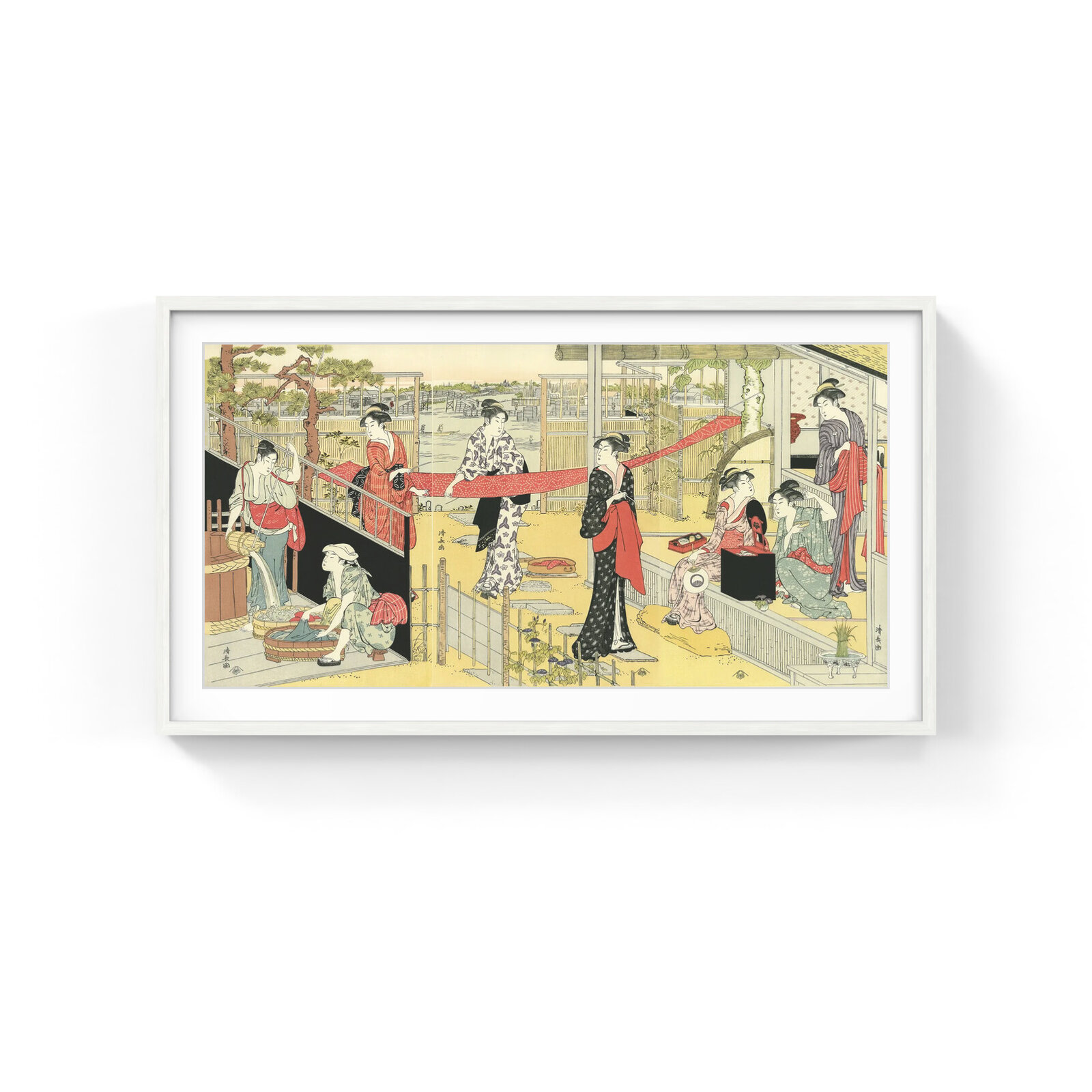 A vibrant woodblock print depicting a lively scene of women in traditional robes engaged in various activities within a Japanese-style setting.