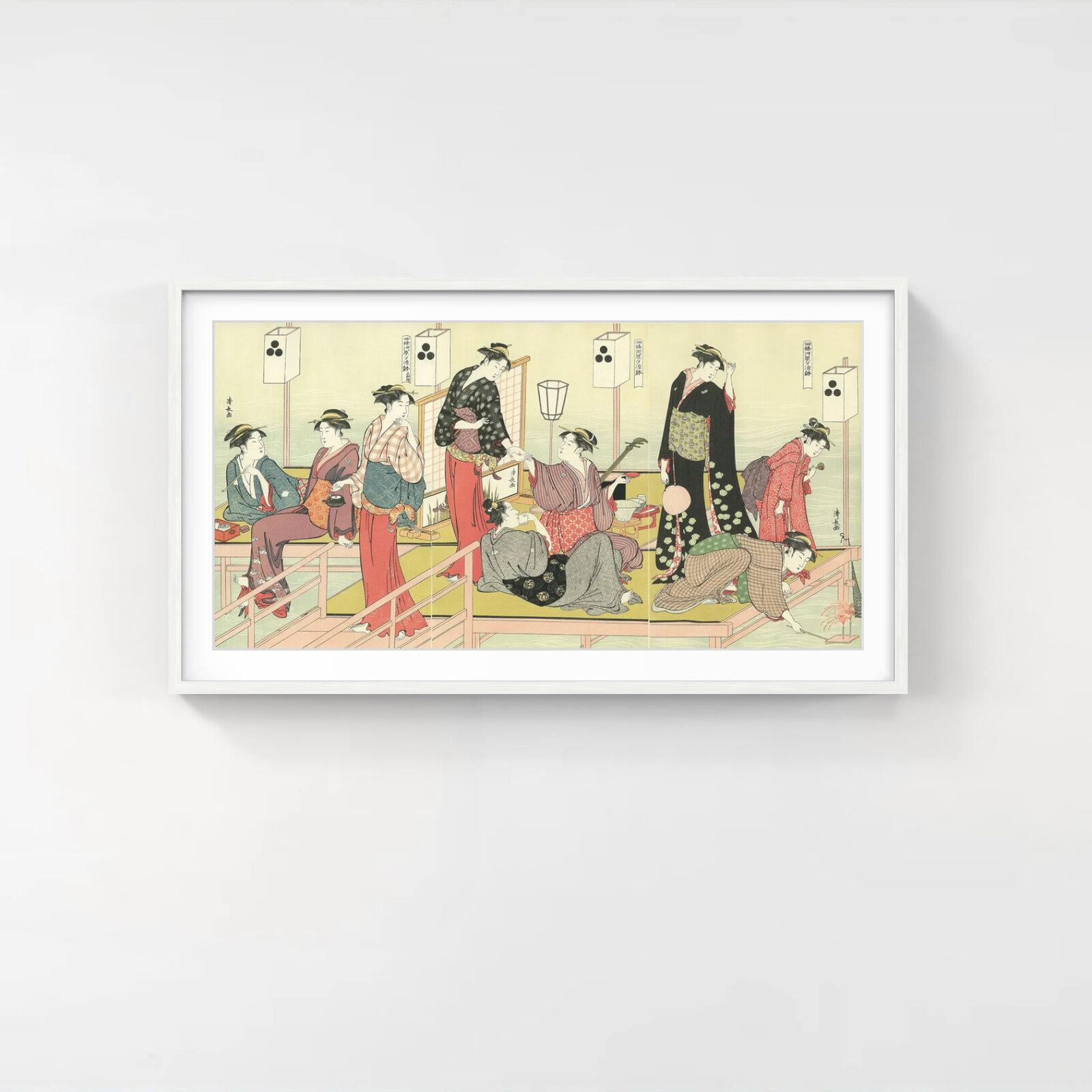 A vibrant woodblock print depicting a lively gathering of figures in traditional robes on a wooden platform.