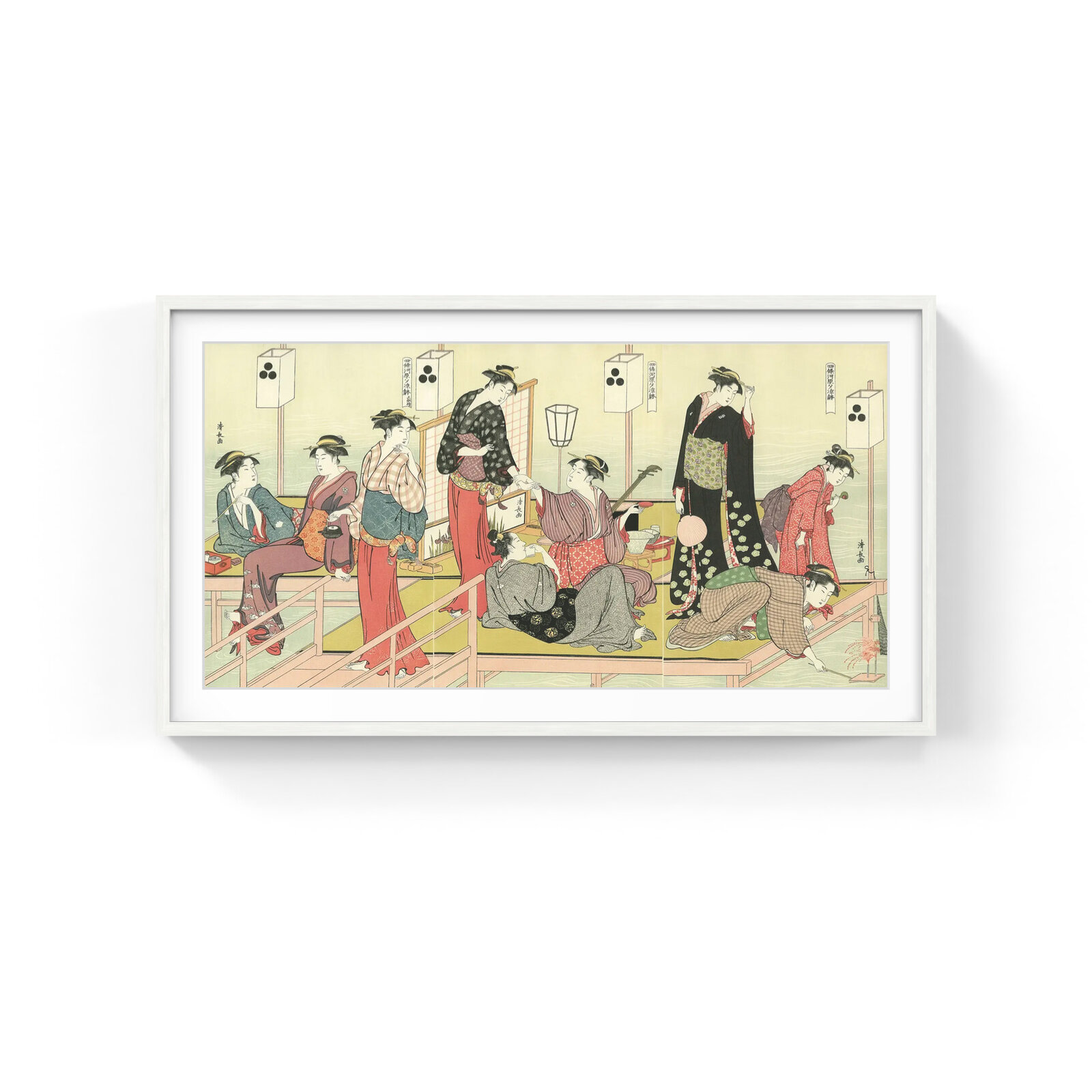 A vibrant woodblock print depicting a lively gathering of figures in traditional robes on a wooden platform.