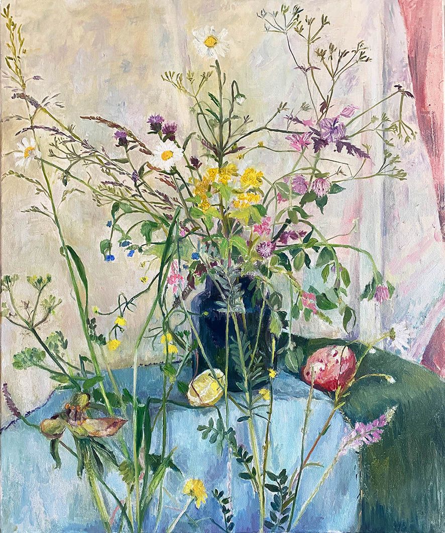 A painting of flowers in a vase on a table.