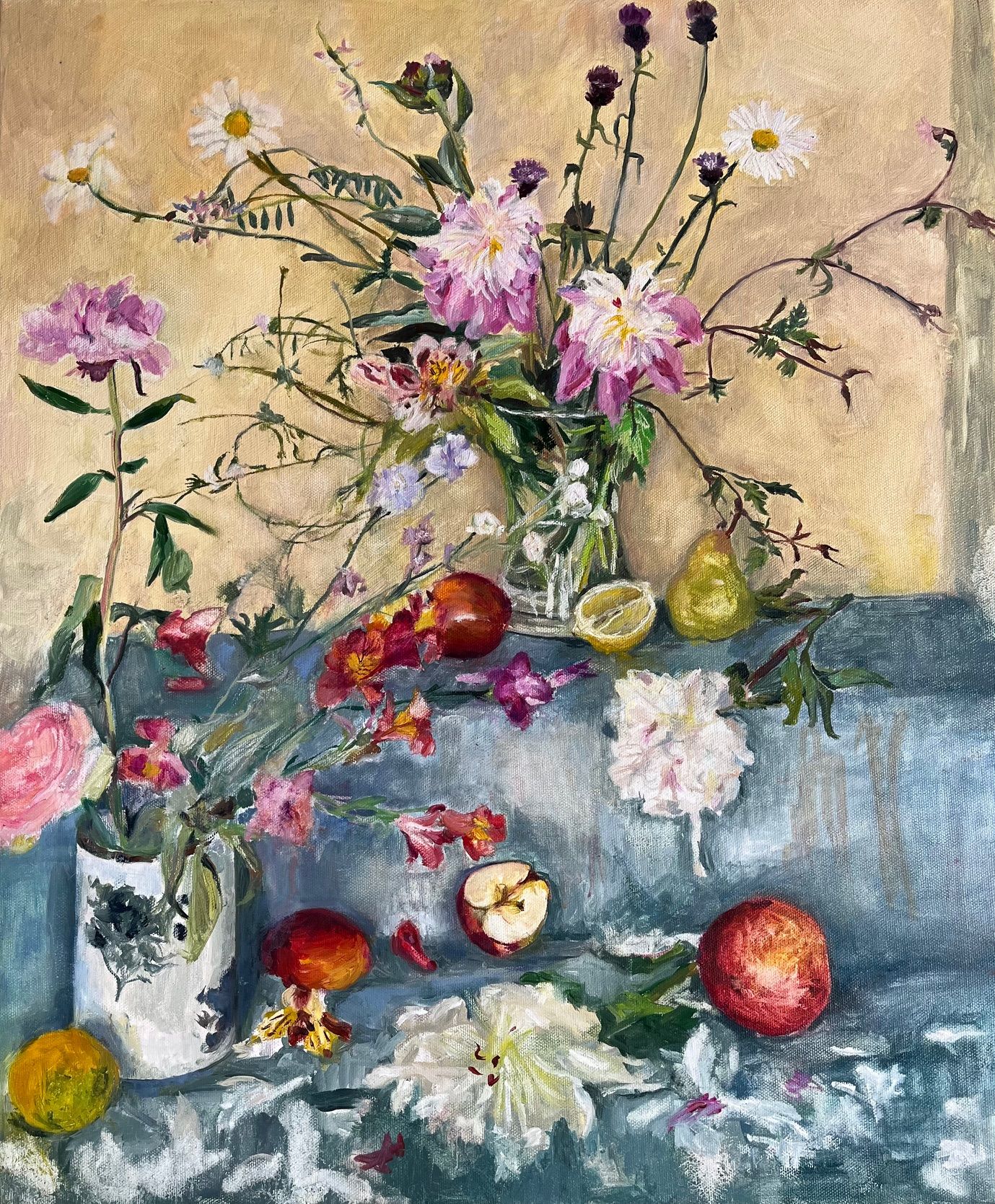 A painting of flowers and fruit on a table.