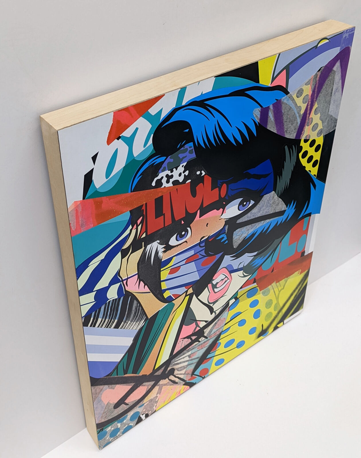 A painting of a woman with blue hair and a face mask.