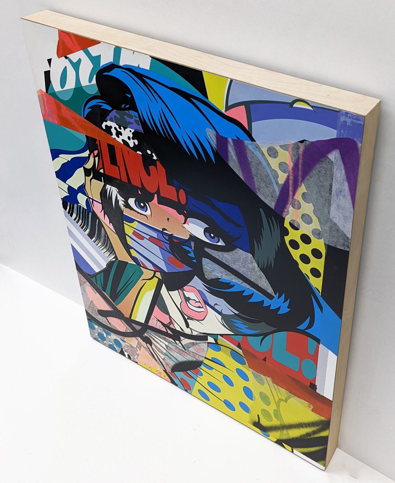 A painting of a woman with blue hair and a face mask.