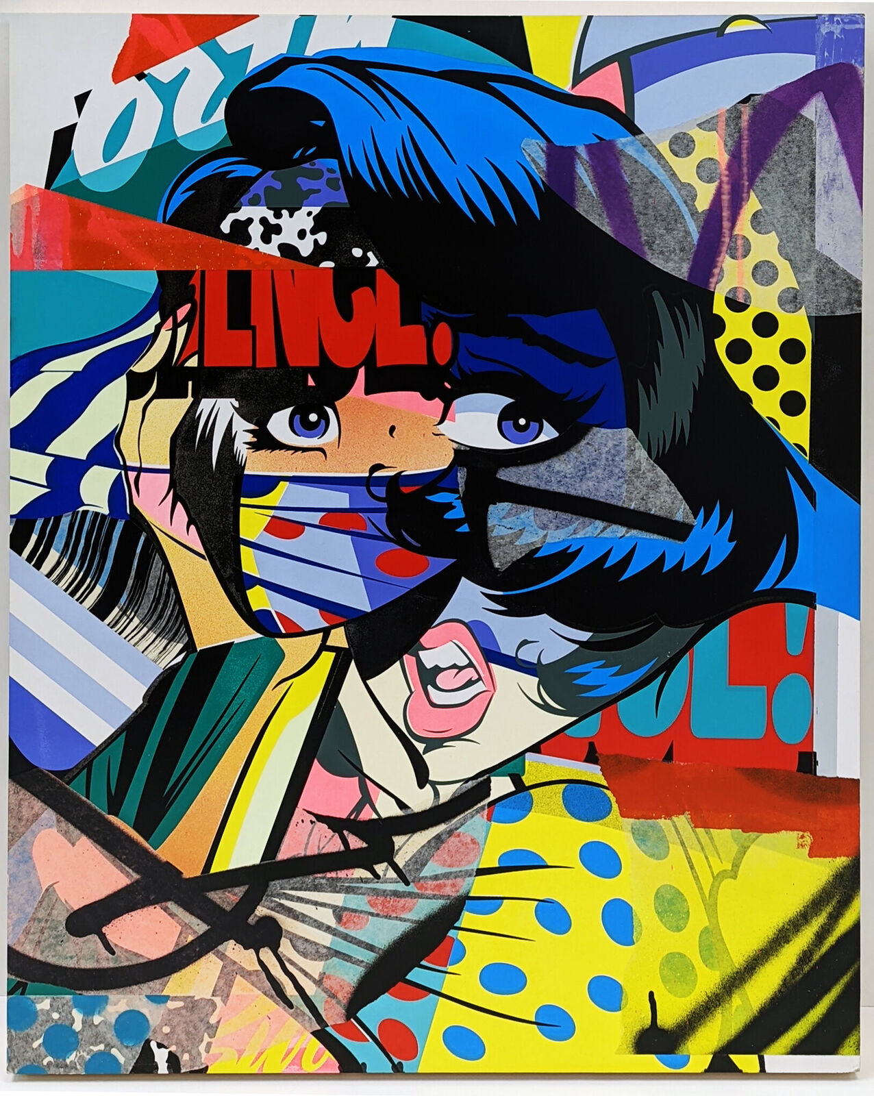 A painting of a woman with blue hair and a face mask.