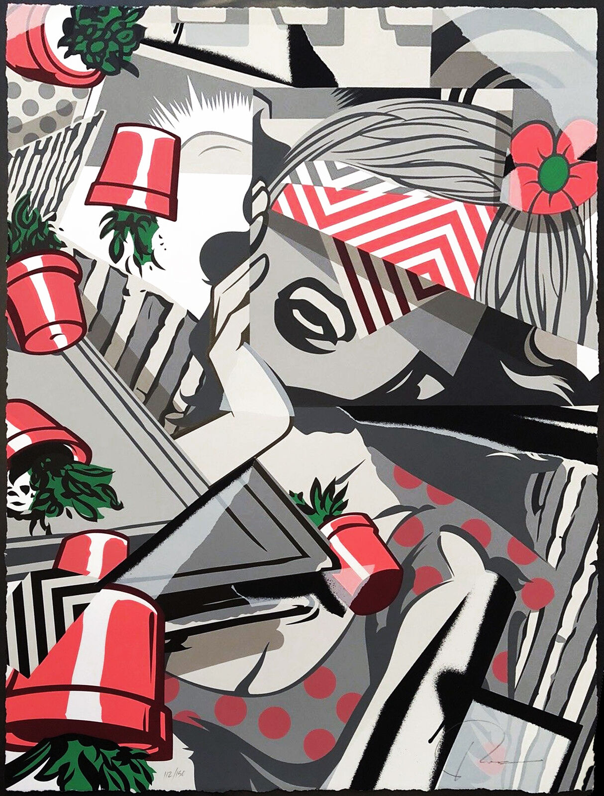 A painting of a woman with a red hat on her head.